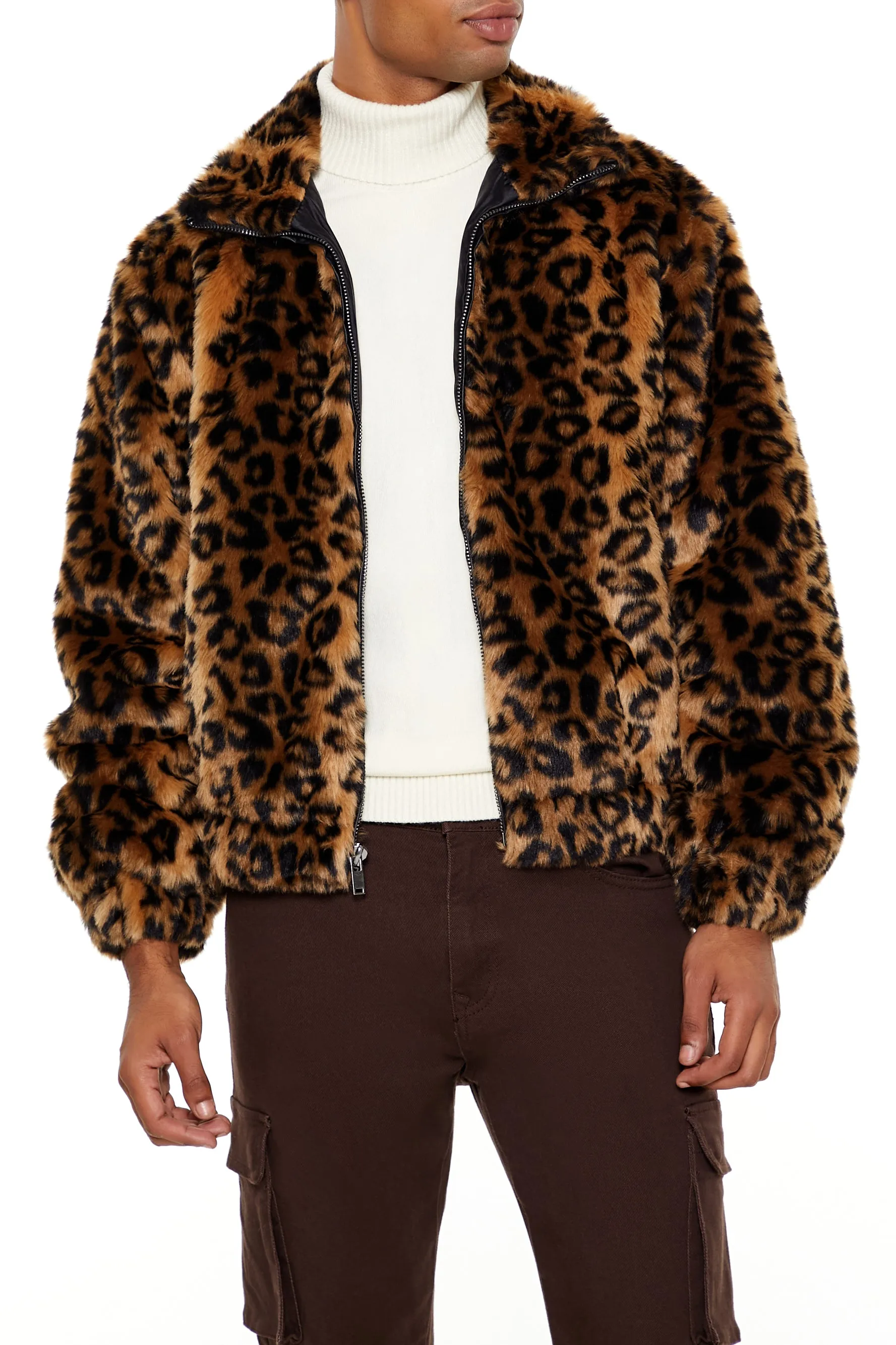 Faux Fur Leopard Zip-Up Coat sold by Urban Planet