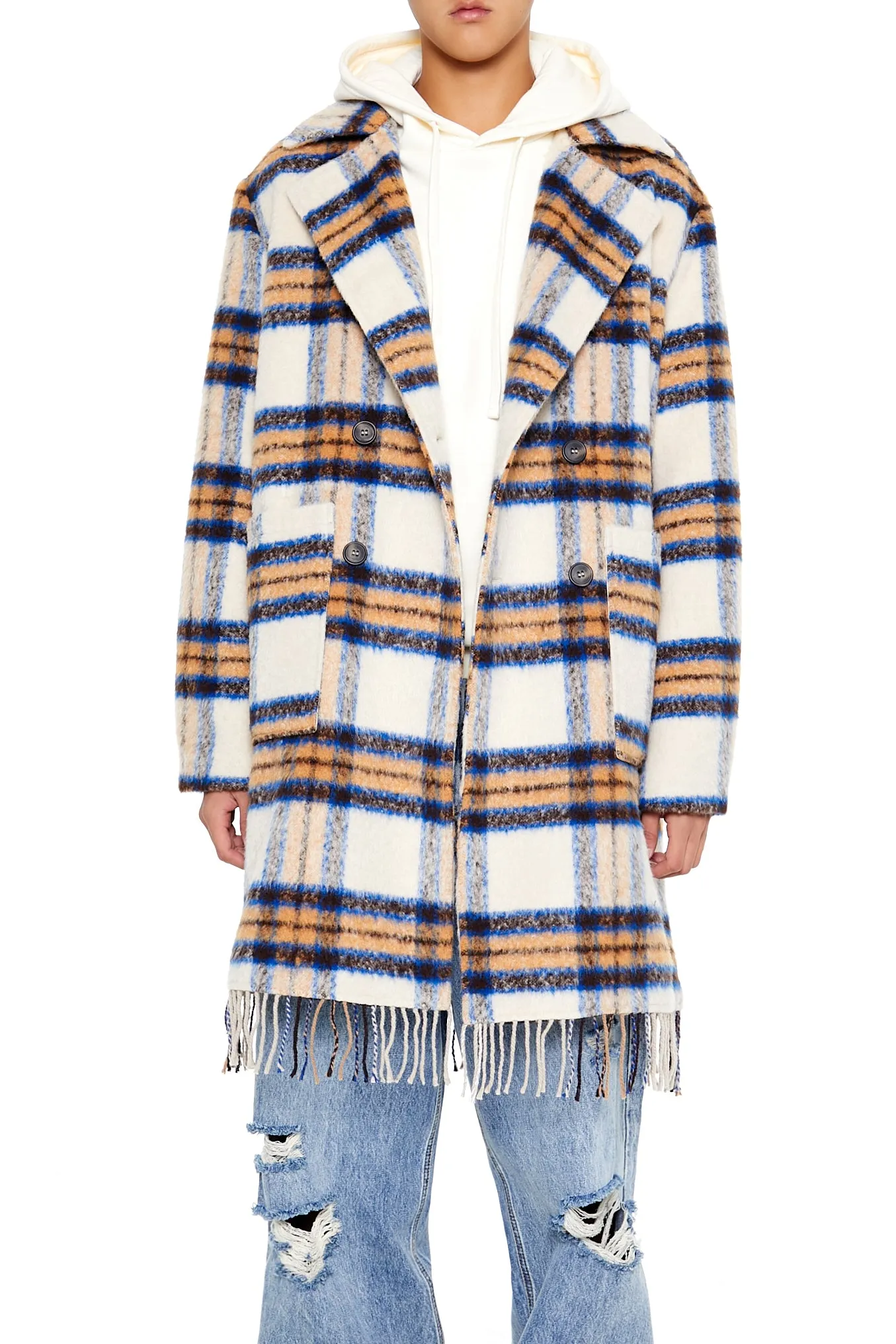 Plaid Fringe Wool Coat sold by Urban Planet