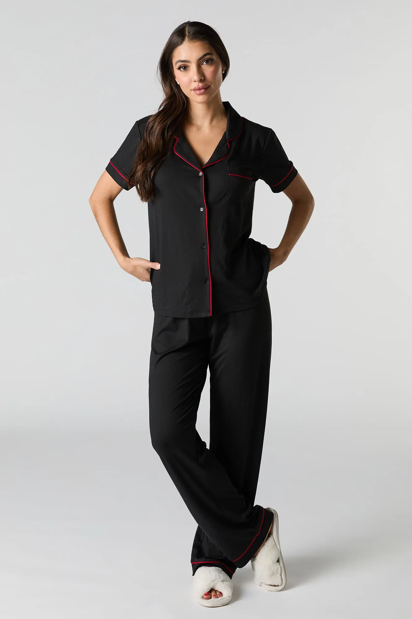 Collared Button-Up Top & Pant 2 Piece Pajama Set sold by Urban Planet product image thumbnail 5