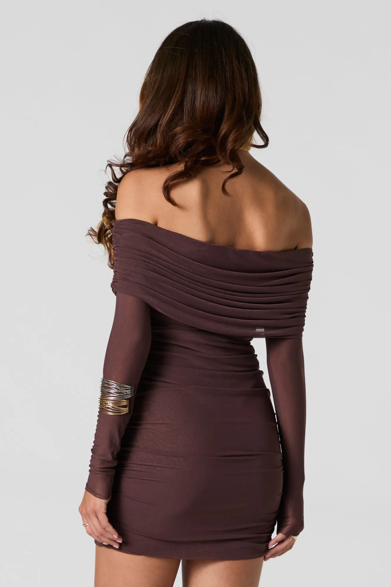 Mesh Ruched Off Shoulder Long Sleeve Mini Dress sold by Urban Planet product image thumbnail 5