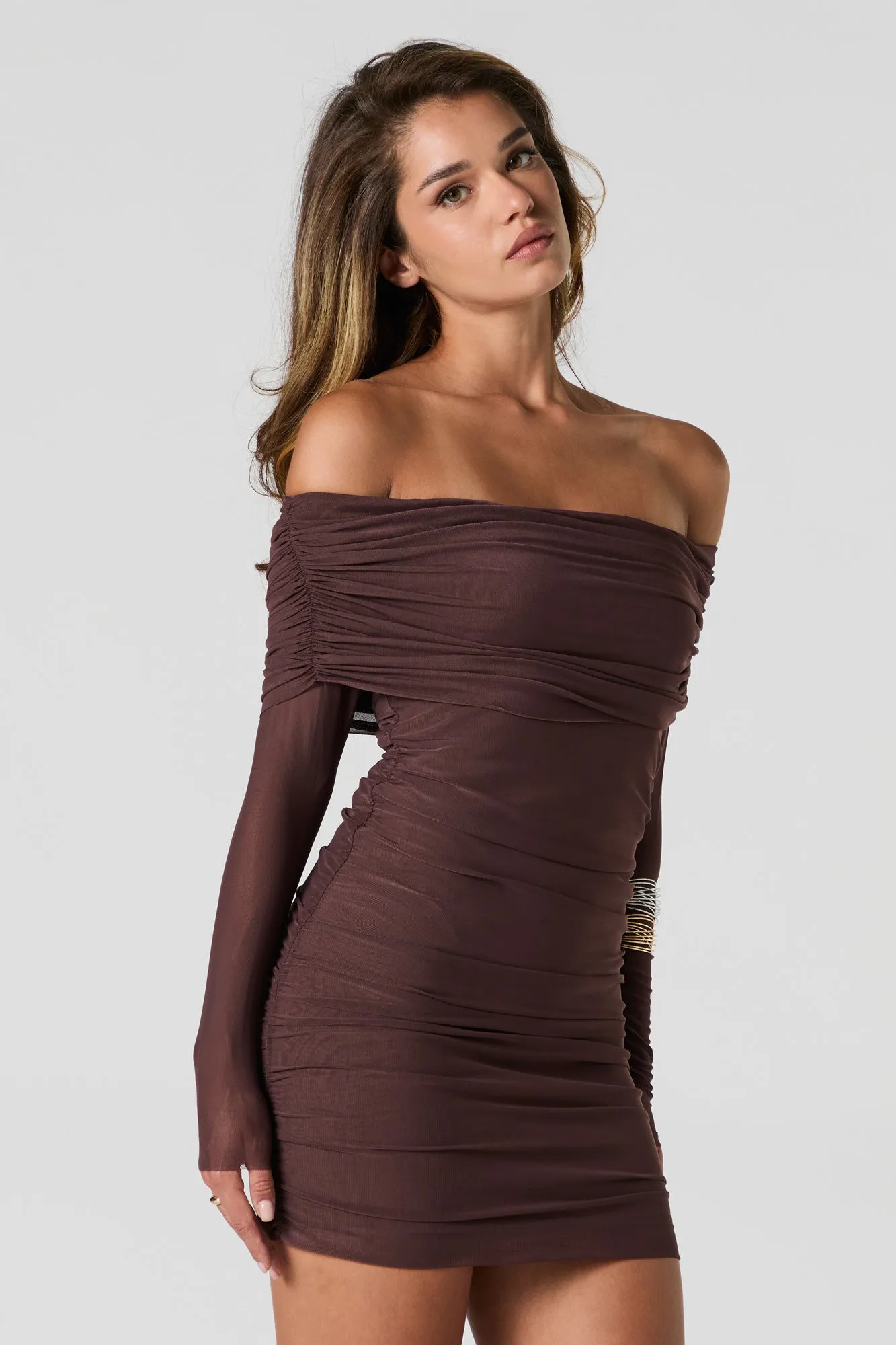 Mesh Ruched Off Shoulder Long Sleeve Mini Dress sold by Urban Planet product image thumbnail 4