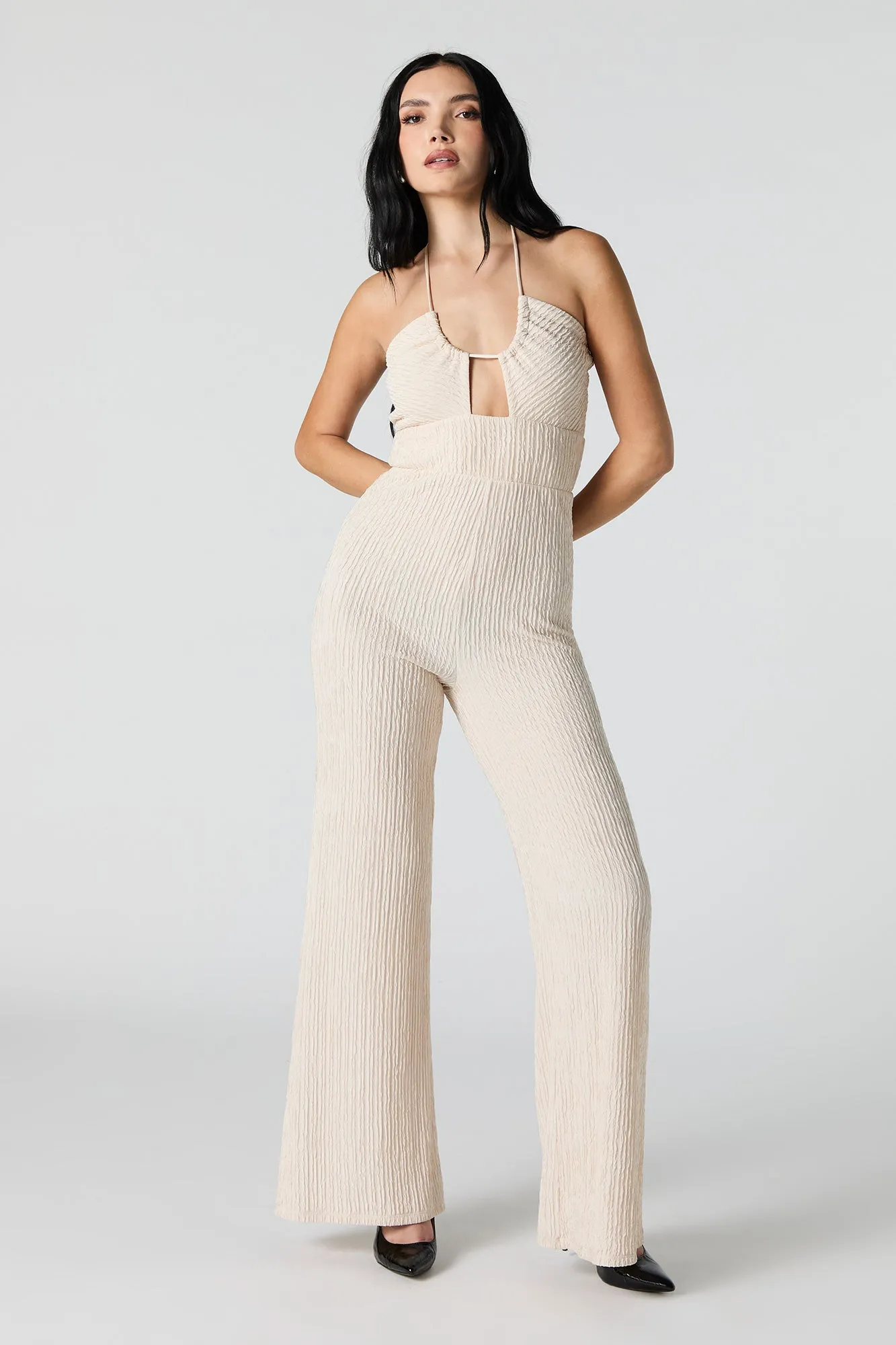 Textured Halter Wide Leg Jumpsuit sold by Urban Planet