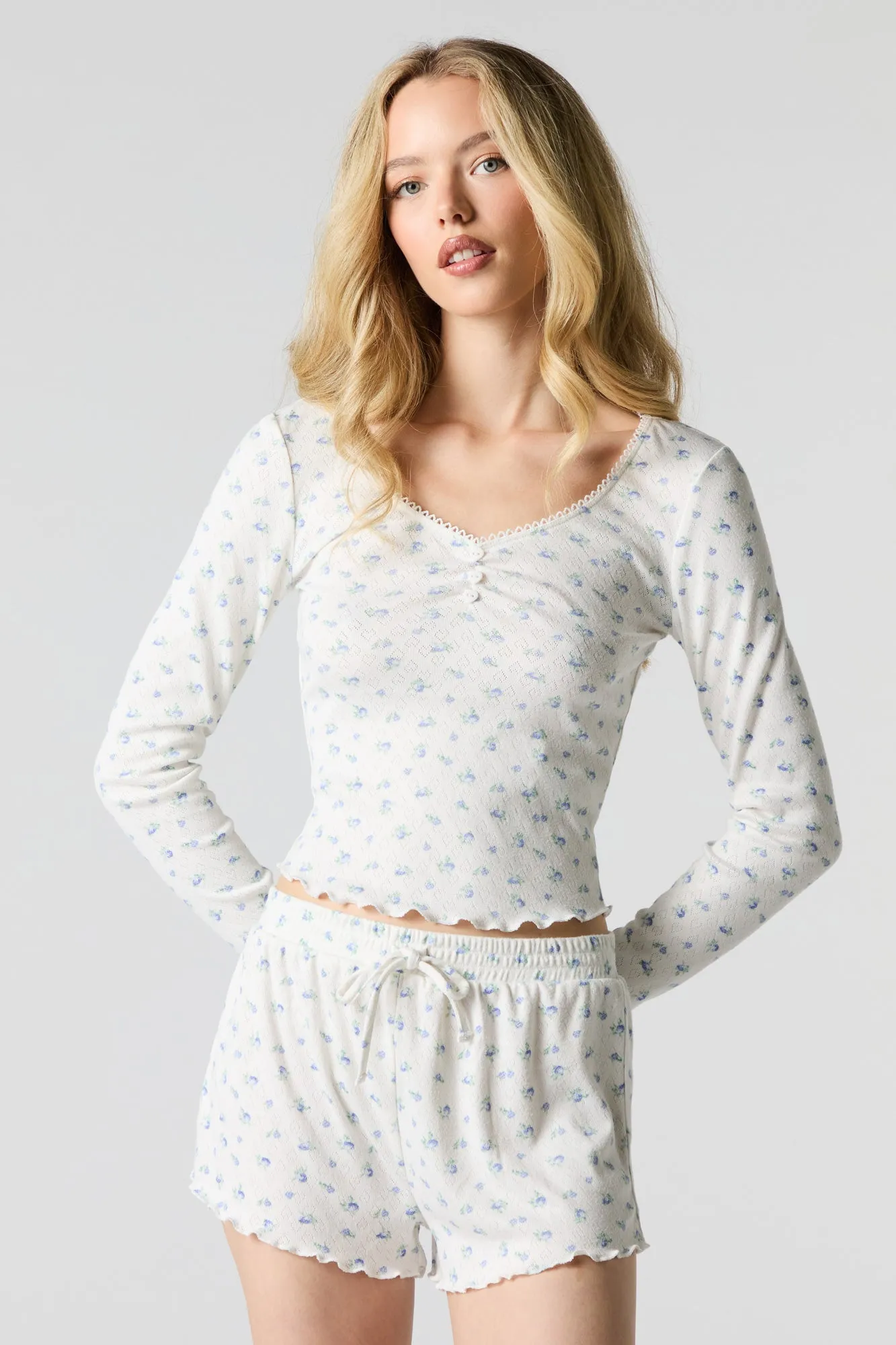 Pointelle Knit Long Sleeve Top & Short 2 Piece Pajama Set sold by Urban Planet product image thumbnail 5