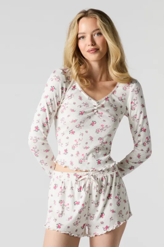 Pointelle Knit Long Sleeve Top & Short 2 Piece Pajama Set sold by Urban Planet