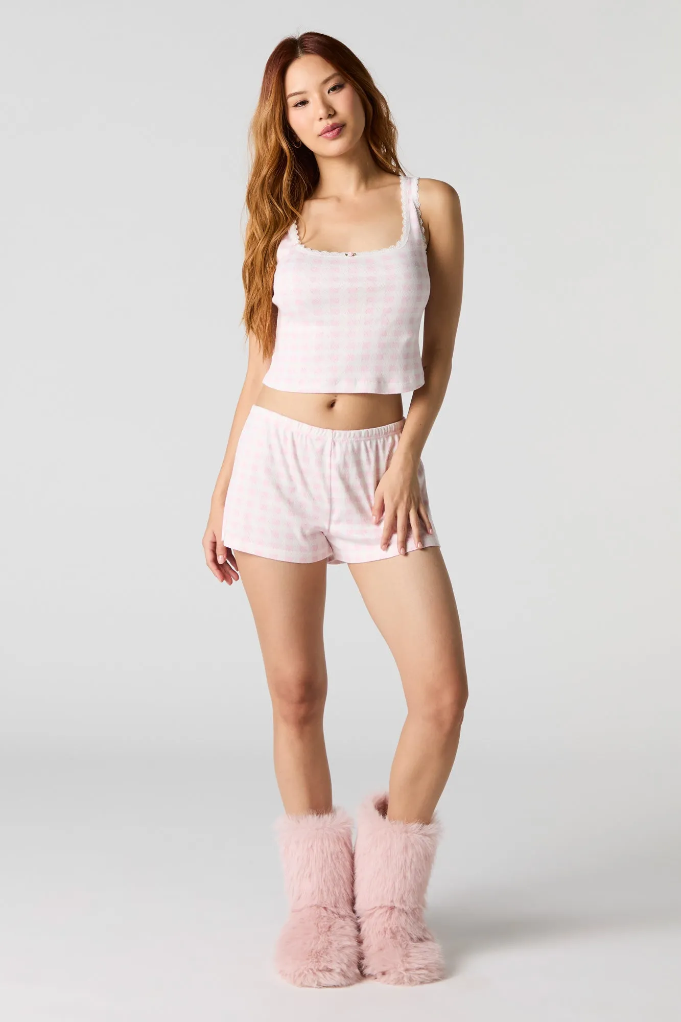 Ensemble-pyjama deux pièces camisole à bordure en dentelle et short imprimés sold by Urban Planet product image thumbnail 3