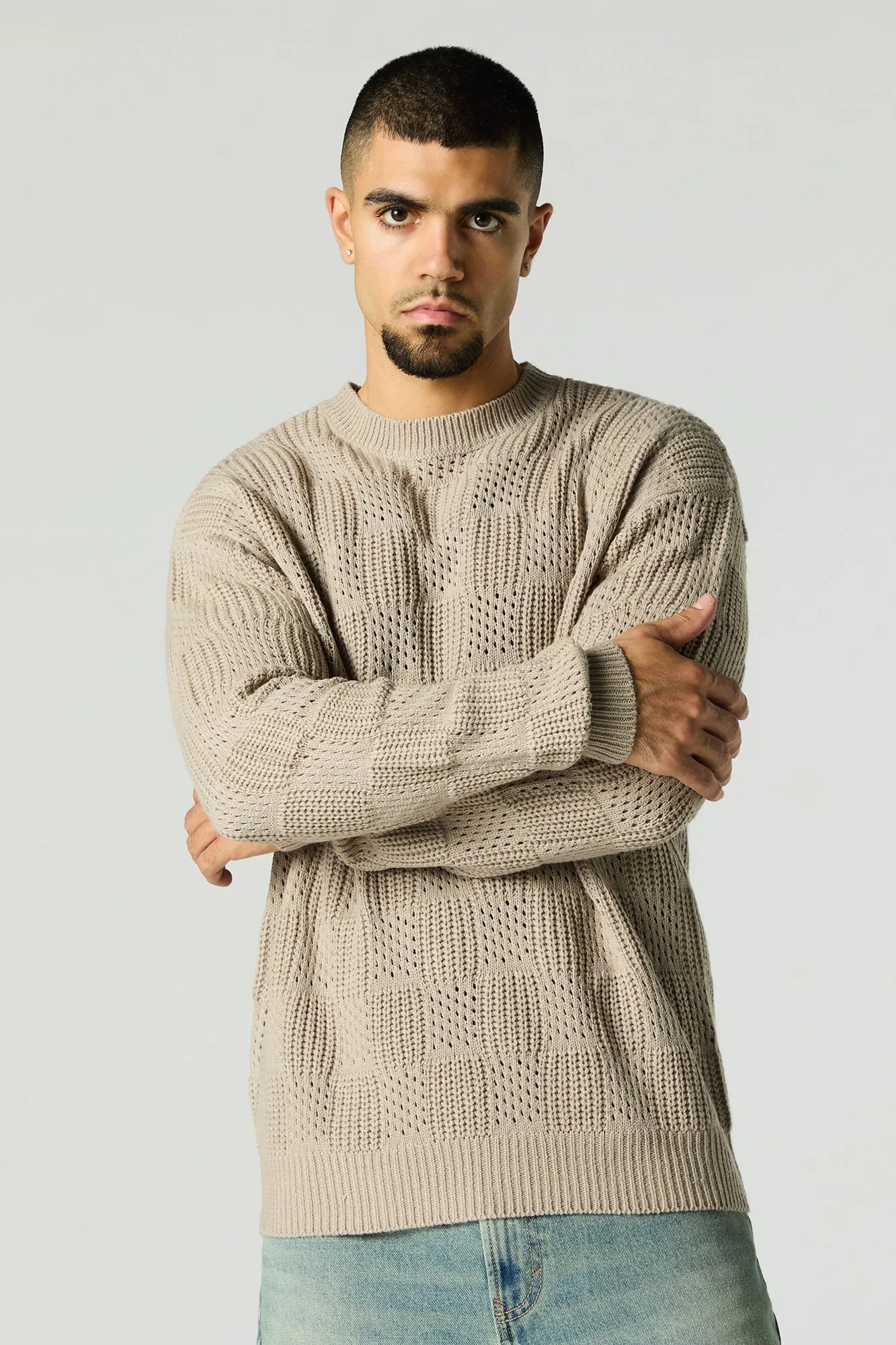 Textured Open Knit Crewneck Sweater sold by Urban Planet