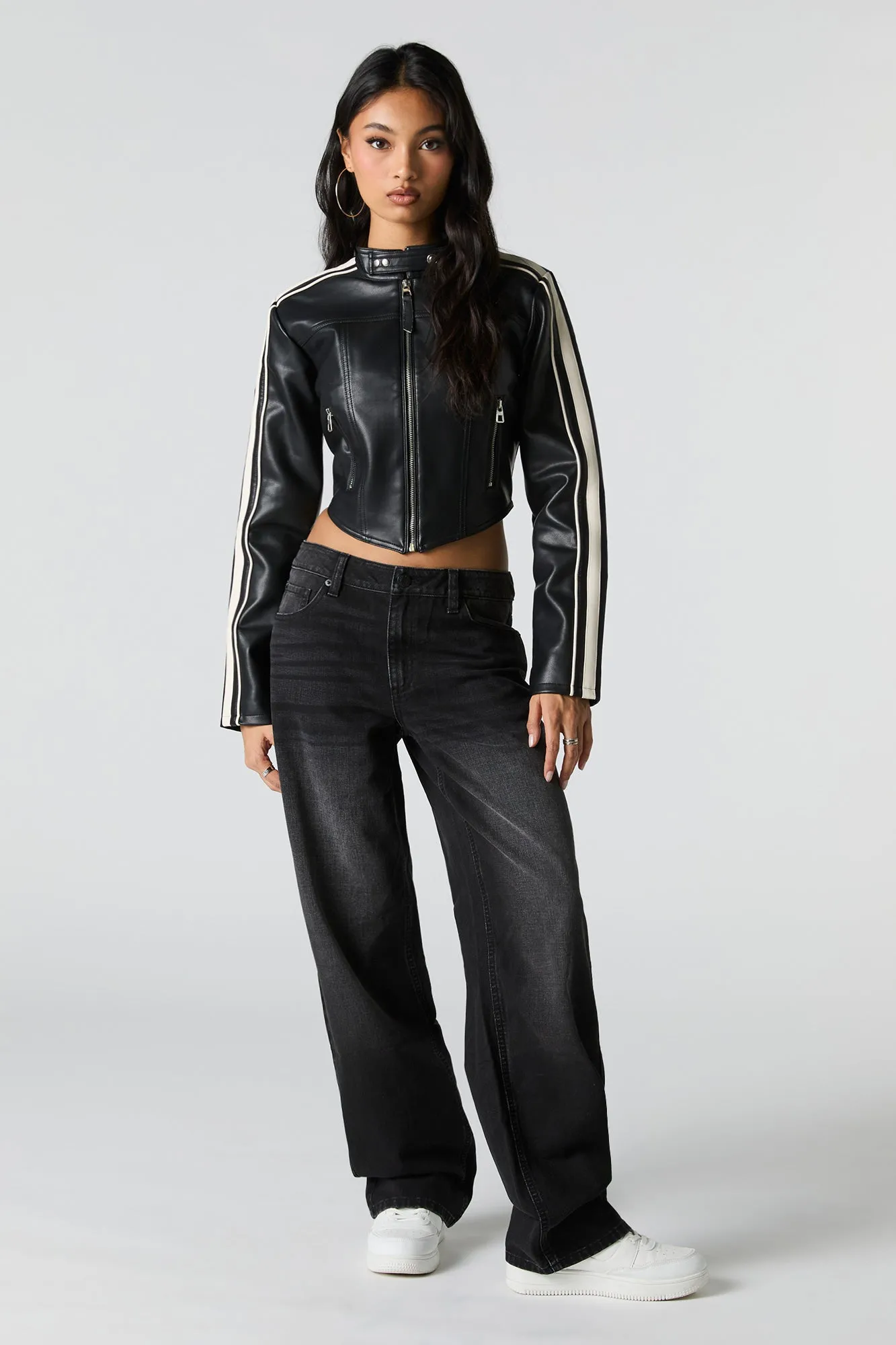 Blouson de moto en similicuir à rayures contrastantes sold by Urban Planet product image thumbnail 3
