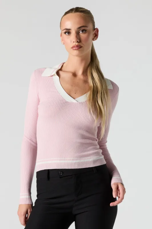 Contrast Collared Ribbed Knit Sweater sold by Urban Planet