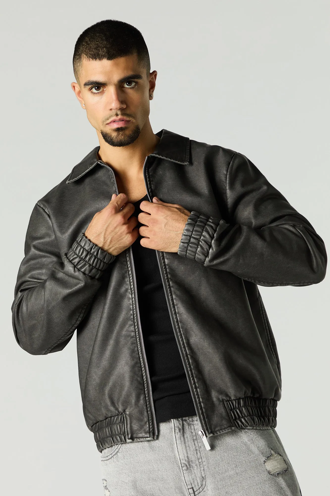 Faux Leather Collared Bomber Jacket sold by Urban Planet