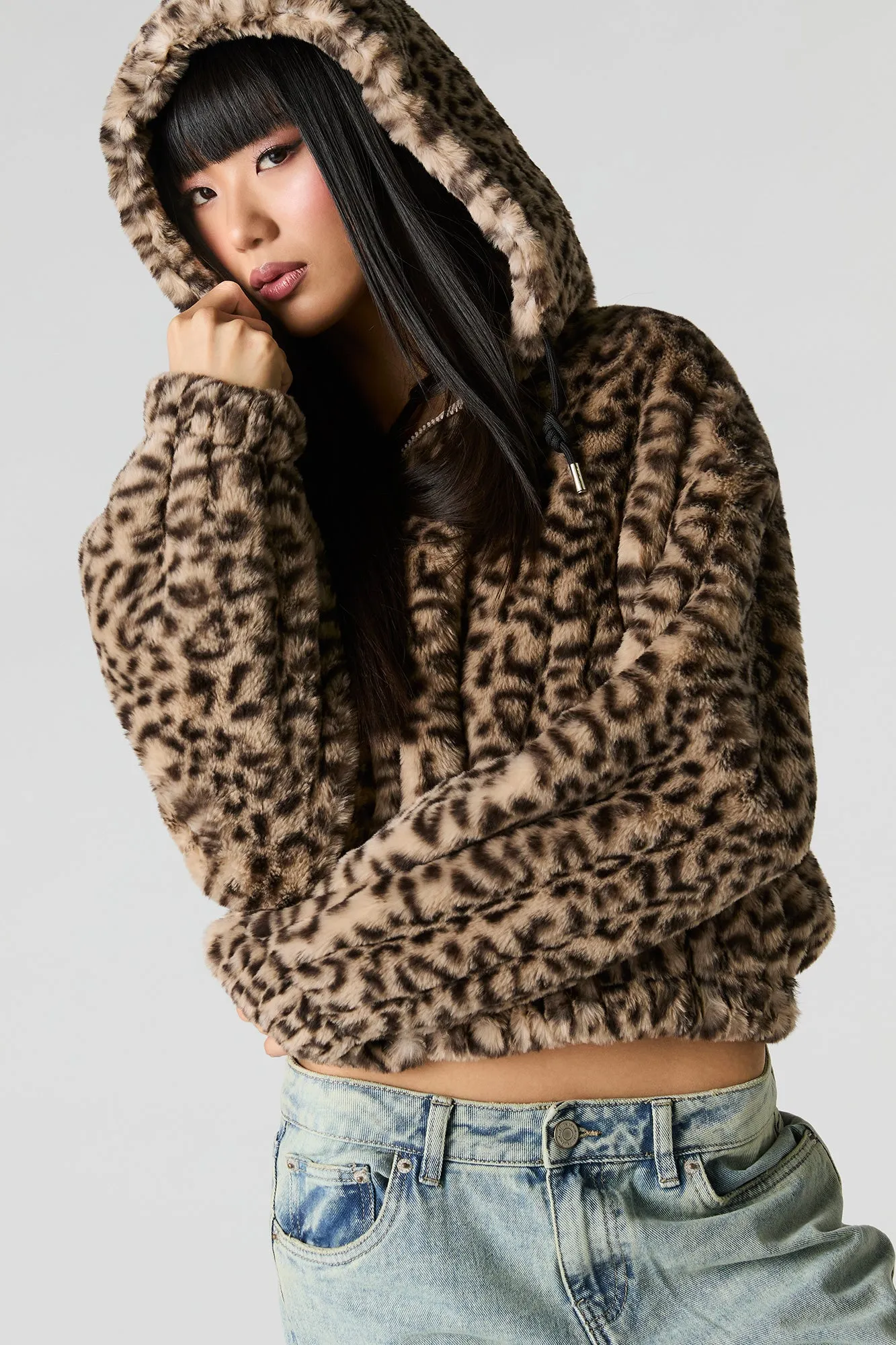 Faux Fur Hooded Zip-Up Jacket sold by Urban Planet