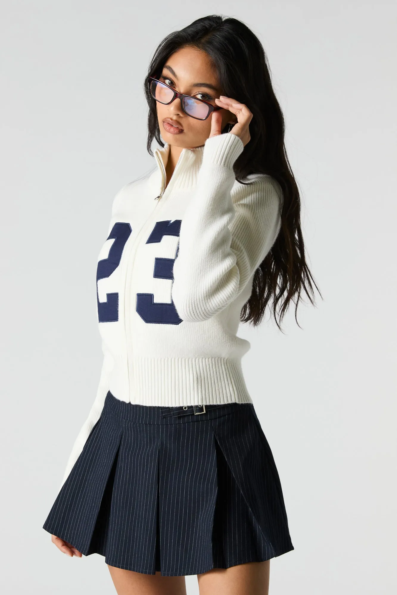 Number Embroidered Zip-Up Sweater sold by Urban Planet
