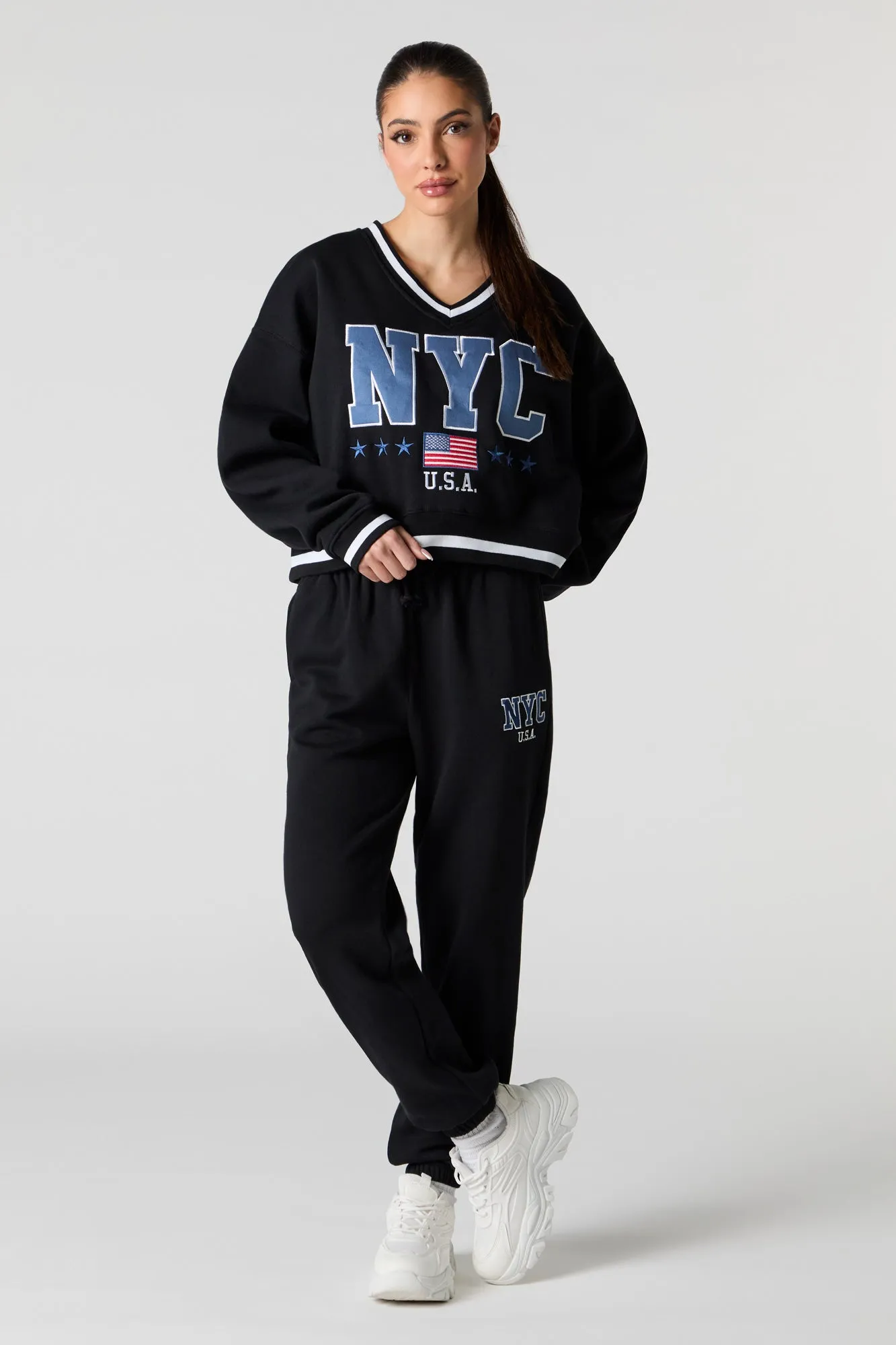 Embroidered V-Neck Contrast Striped Fleece Sweatshirt sold by Urban Planet product image thumbnail 3