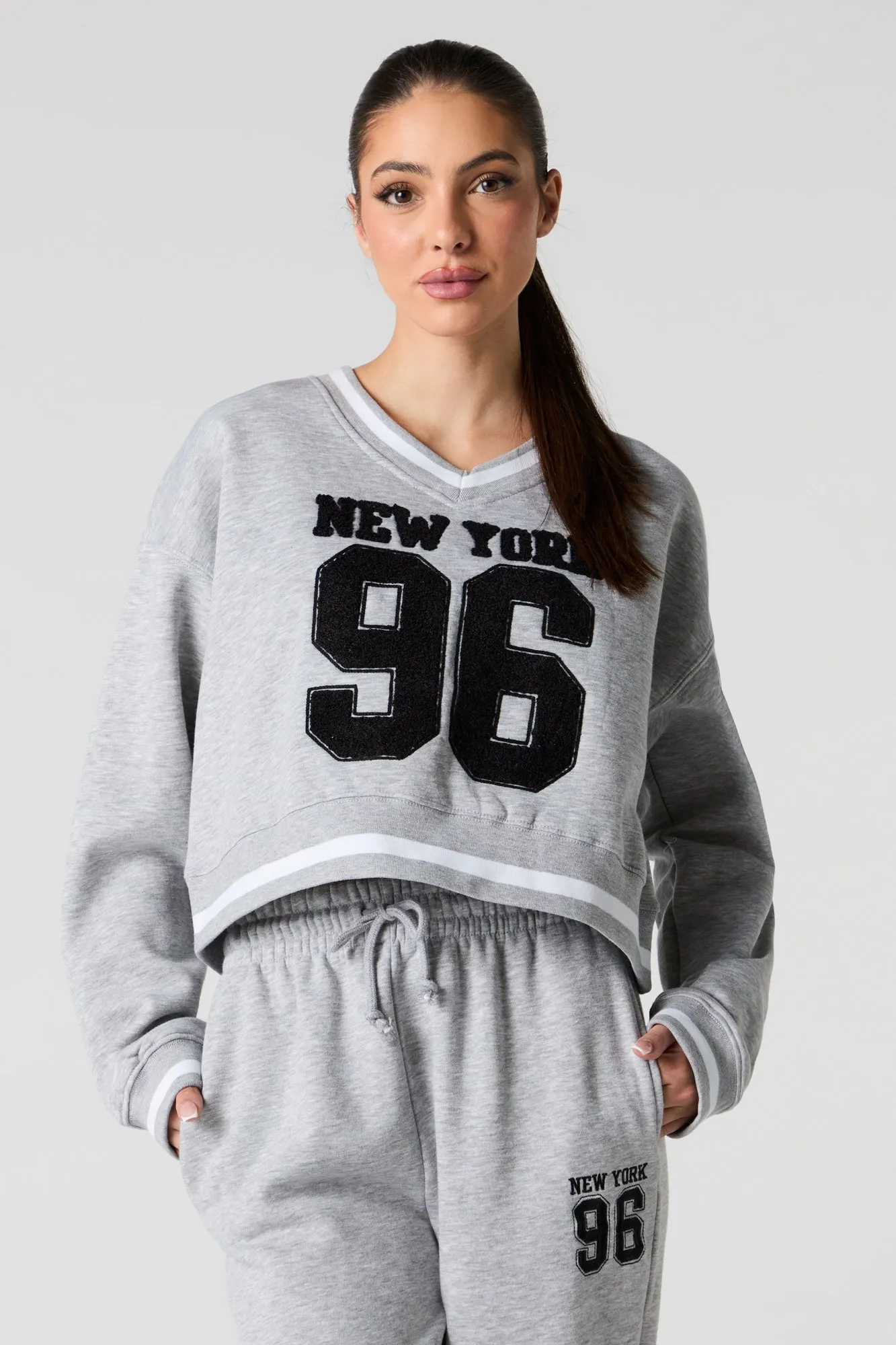 Embroidered V-Neck Contrast Striped Fleece Sweatshirt sold by Urban Planet product image thumbnail 4