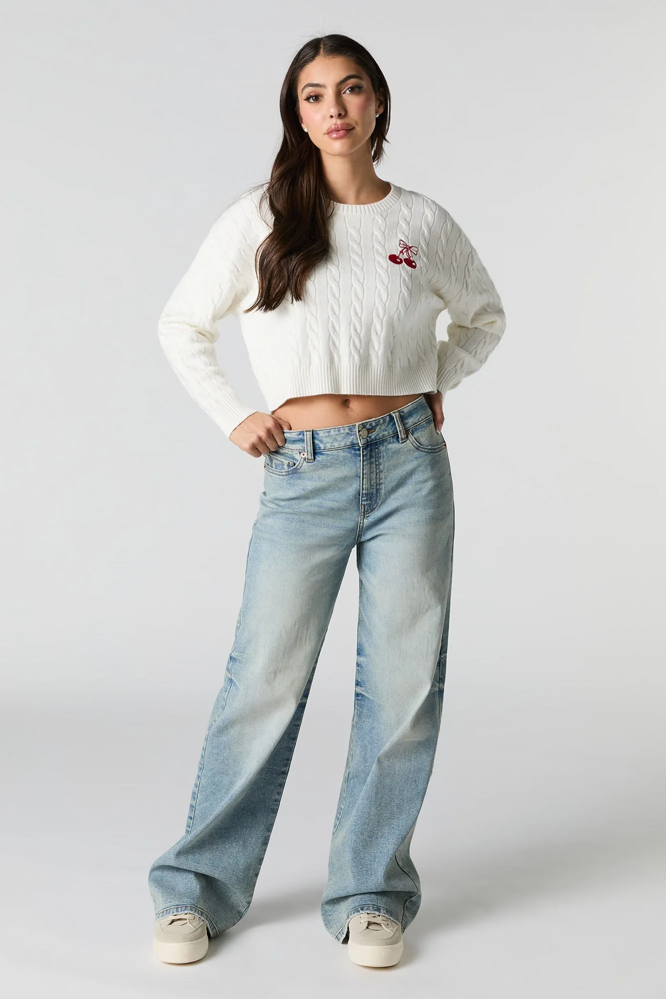 Embroidered Cable Knit Cropped Sweater sold by Urban Planet product image thumbnail 3