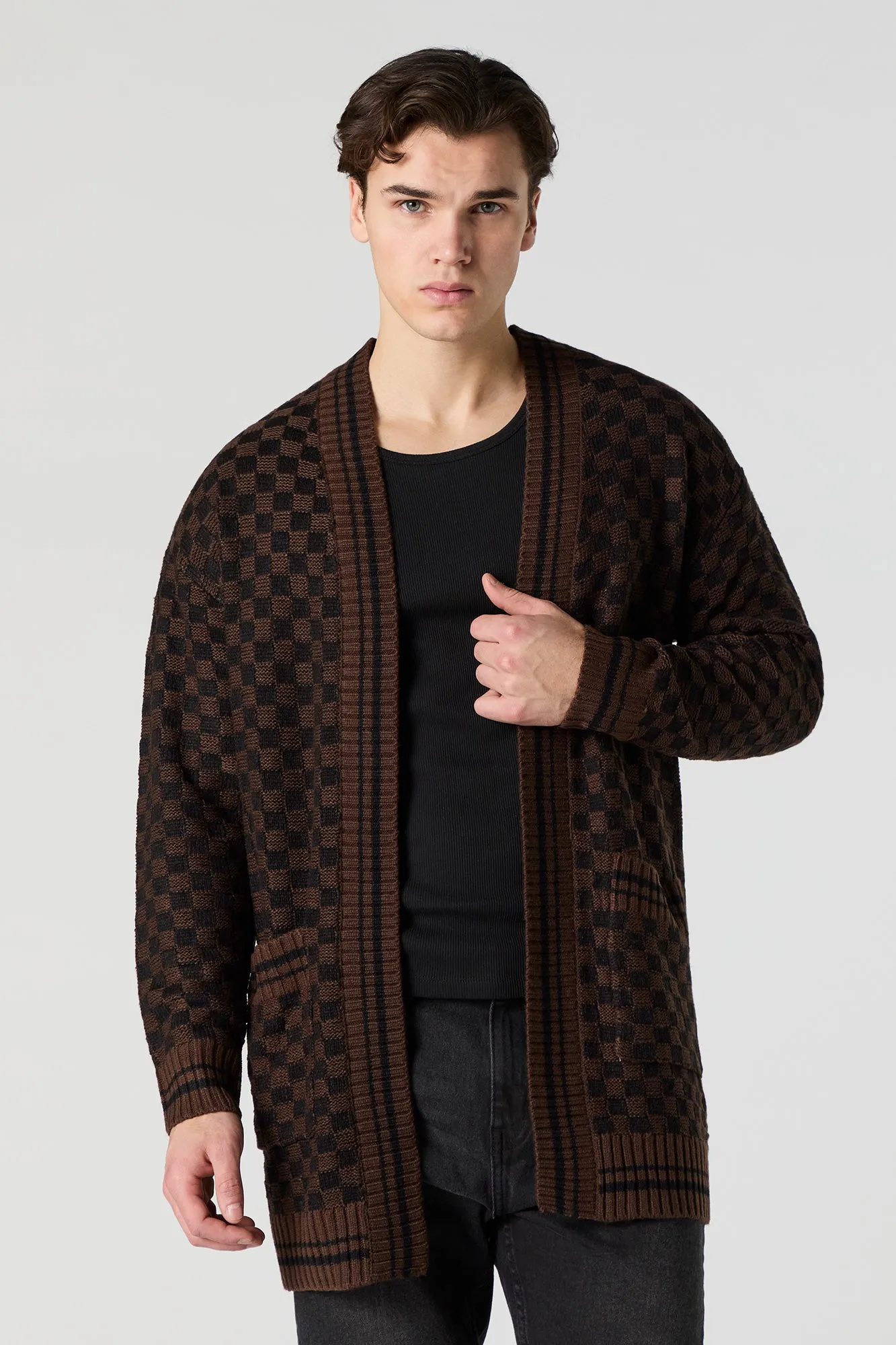 Checkered Knit Open Front Cardigan sold by Urban Planet product image thumbnail 4