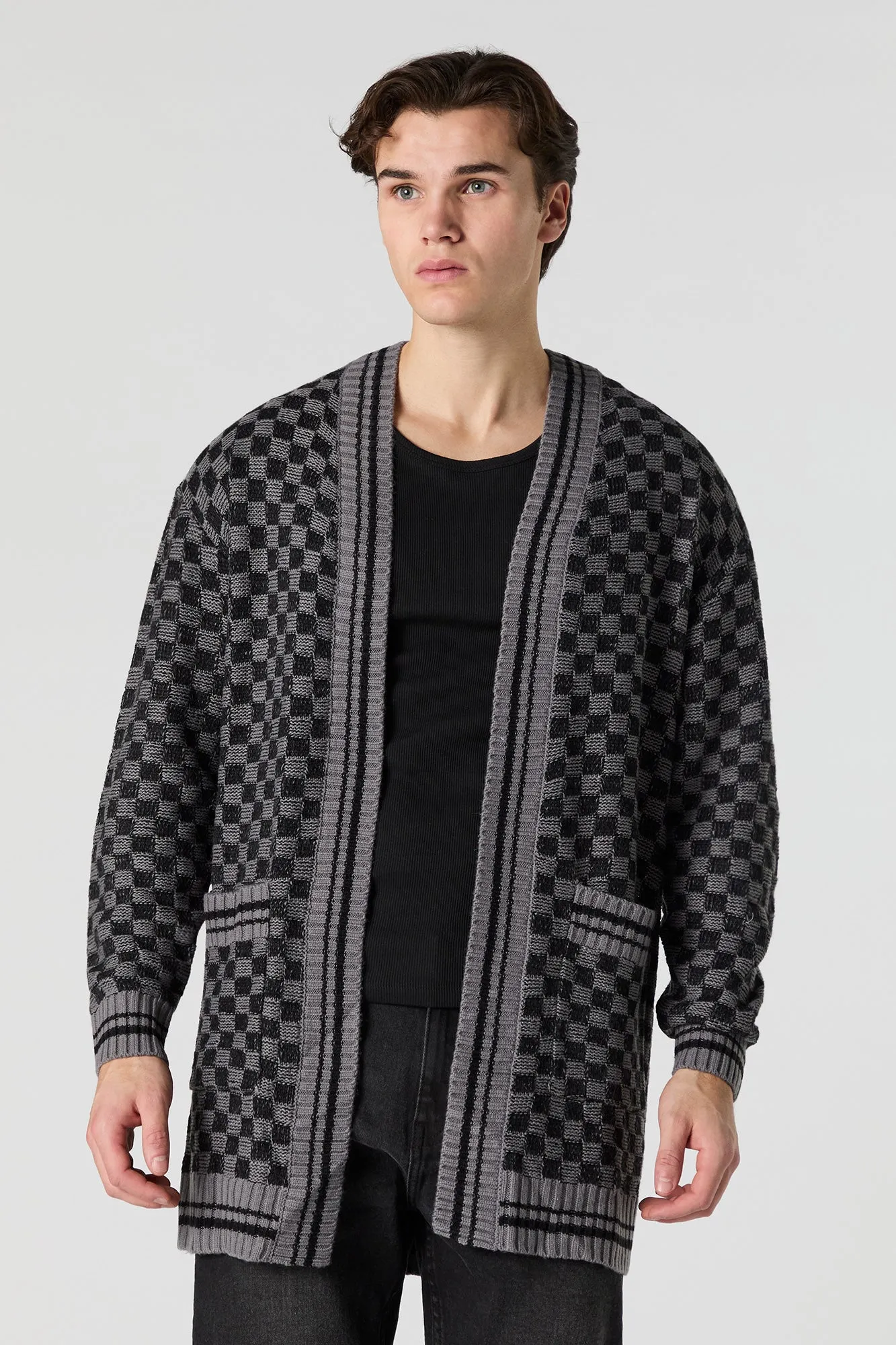 Checkered Knit Open Front Cardigan sold by Urban Planet