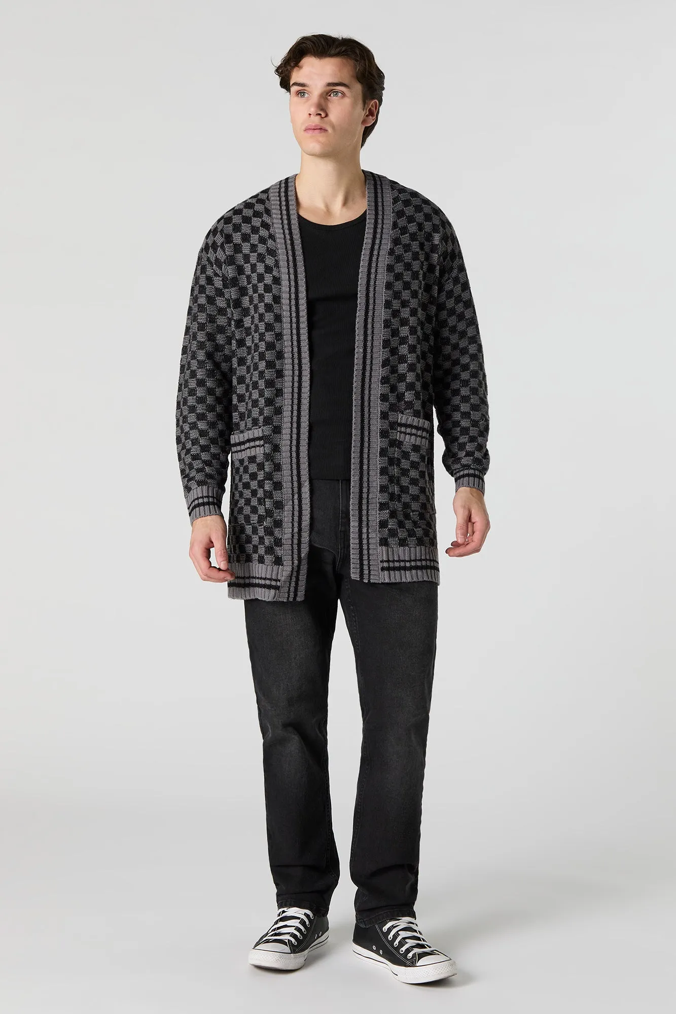 Checkered Knit Open Front Cardigan sold by Urban Planet product image thumbnail 3