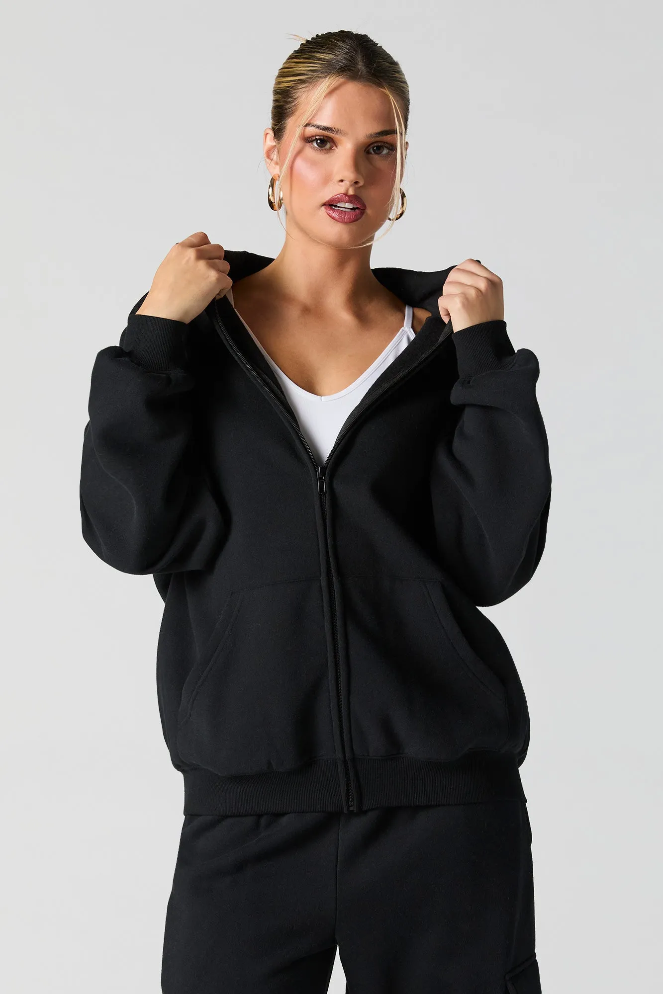 Oversized Solid Fleece Zip-Up Hoodie sold by Urban Planet product image thumbnail 5