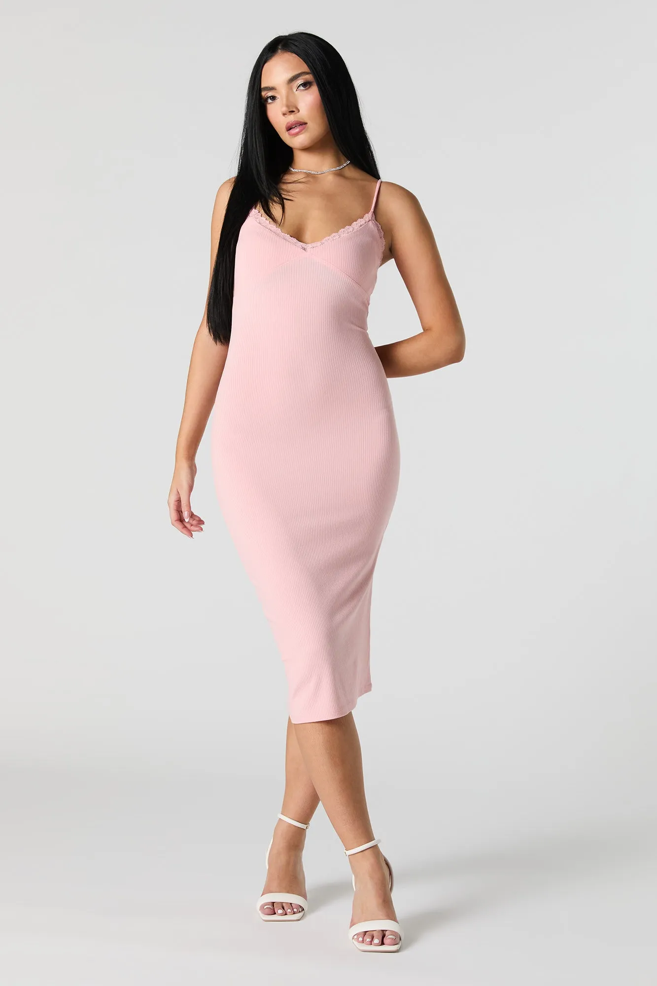Ribbed Lace Trim V-Neck Midi Dress sold by Urban Planet