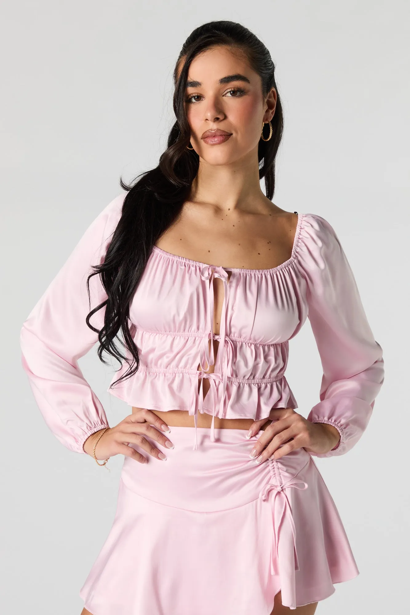 Satin Front Tie Long Sleeve Top sold by Urban Planet