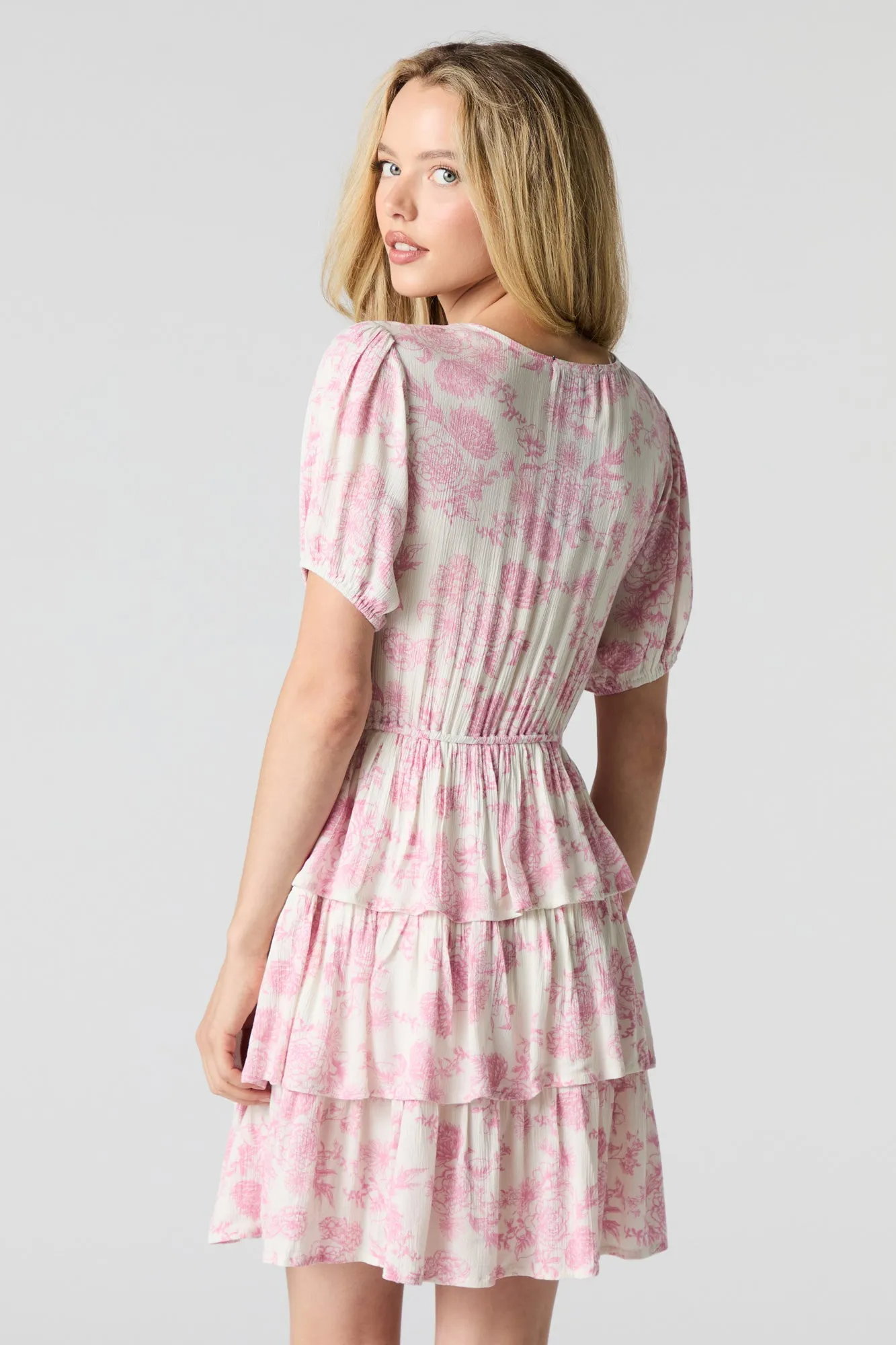 Floral Smocked Puff Sleeve Tiered Mini Dress sold by Urban Planet product image thumbnail 2