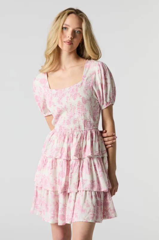 Floral Smocked Puff Sleeve Tiered Mini Dress sold by Urban Planet