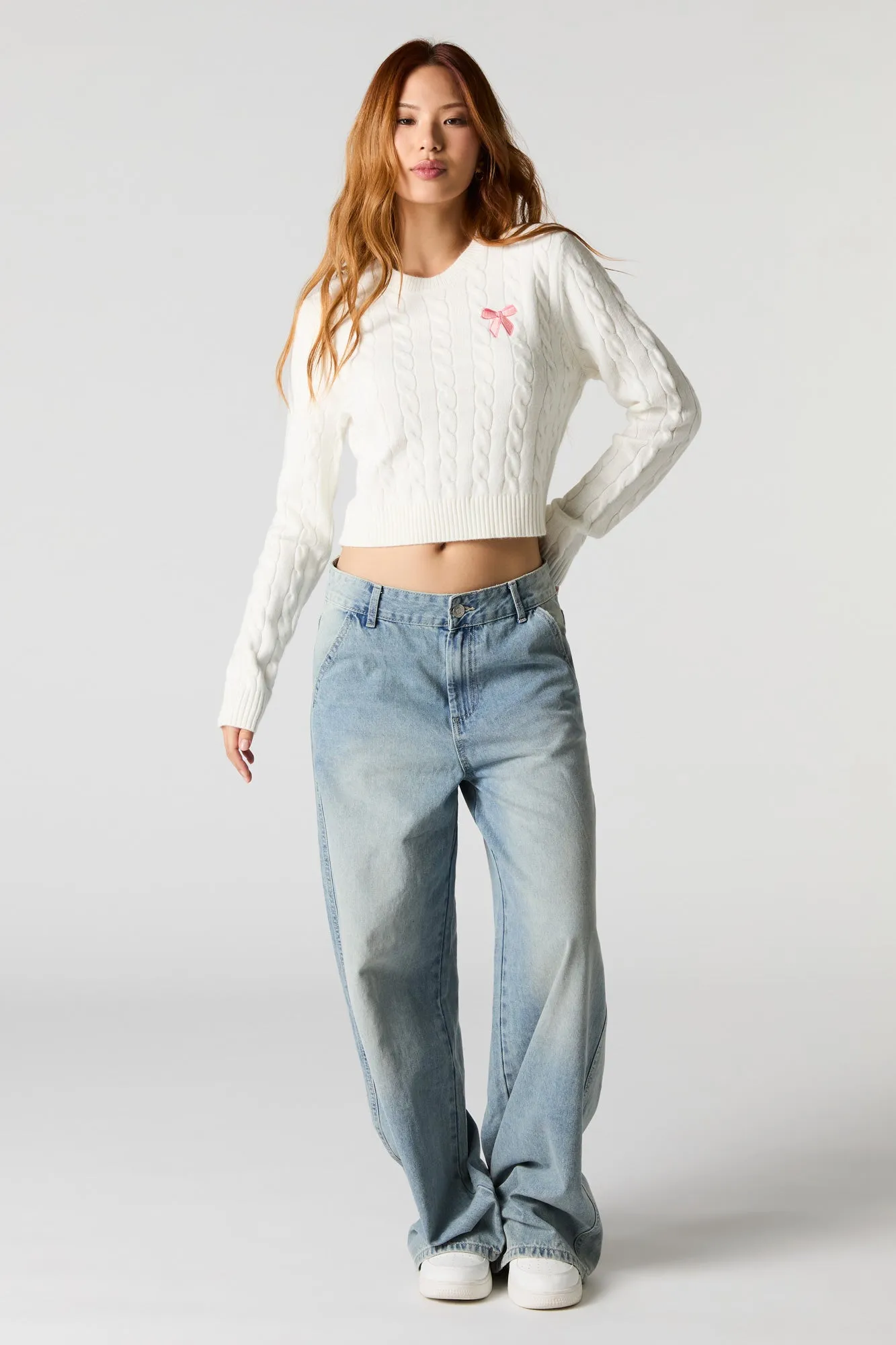 Embroidered Cable Knit Cropped Sweater sold by Urban Planet product image thumbnail 3