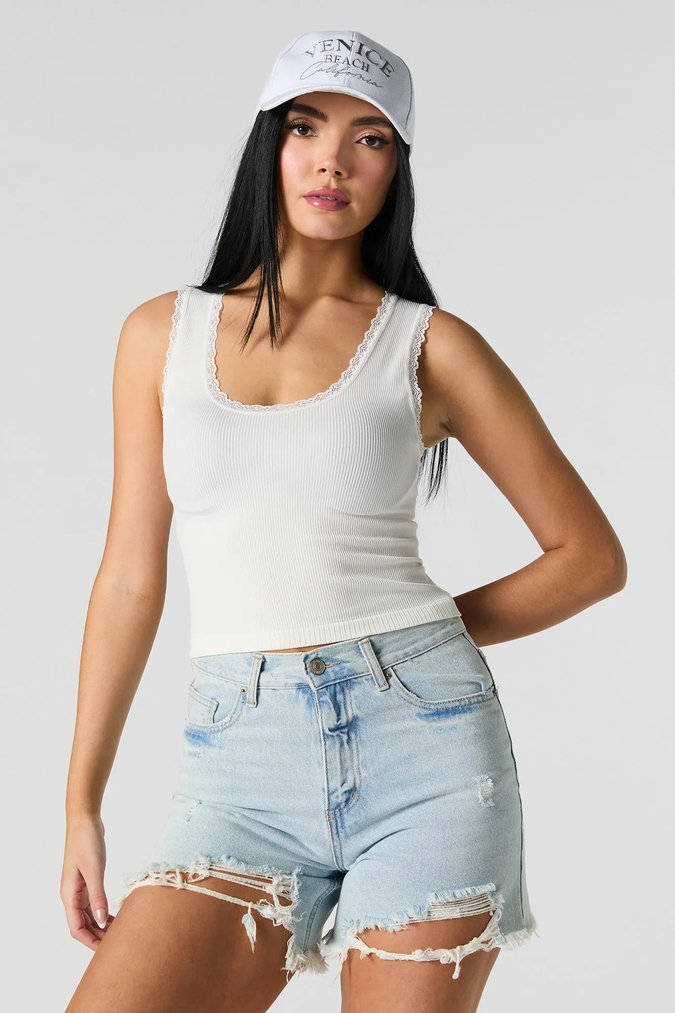 Seamless Ribbed Scoop Neck Lace Trim Tank sold by Urban Planet product image thumbnail 4