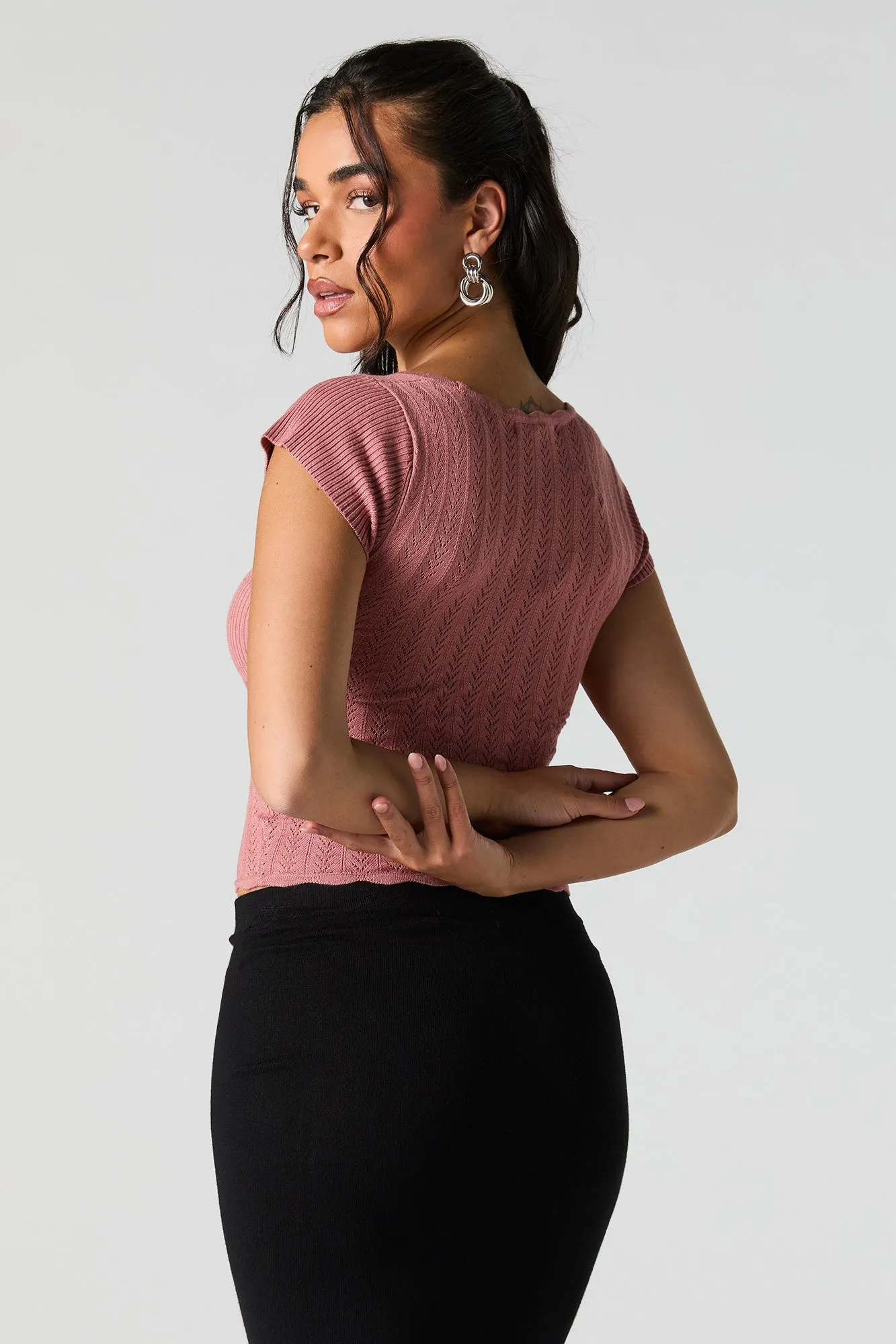 Haut à manches courtes en tricot de pointelle et encolure arrondie sold by Urban Planet product image thumbnail 2