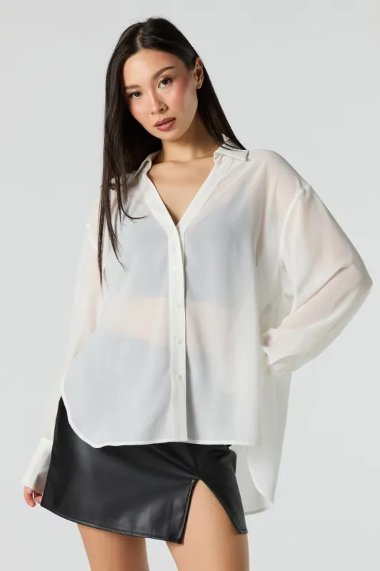 Mesh Long Sleeve Button-Up Top sold by Urban Planet