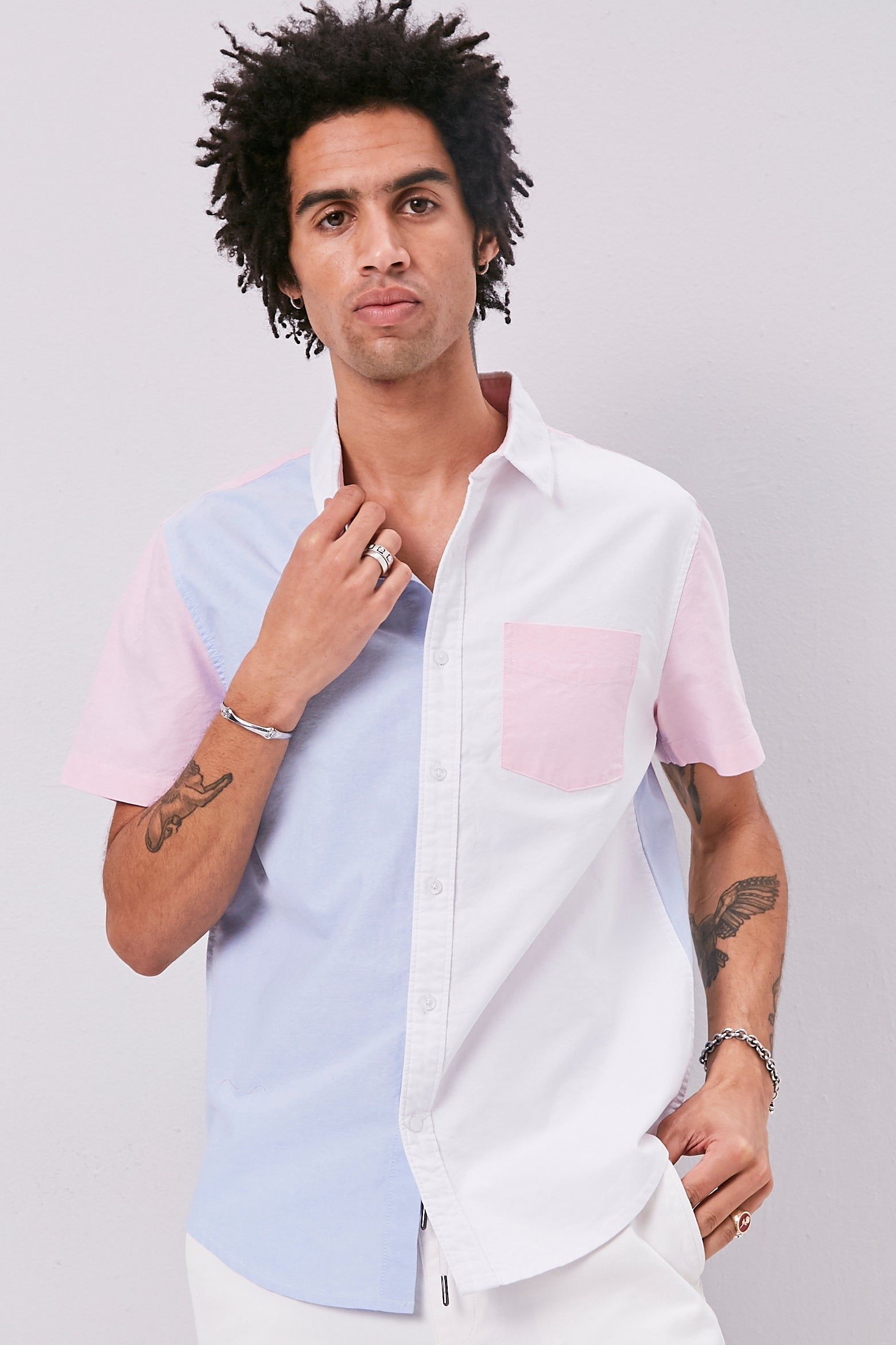 Colourblock Fitted Button-Up Top sold by Urban Planet