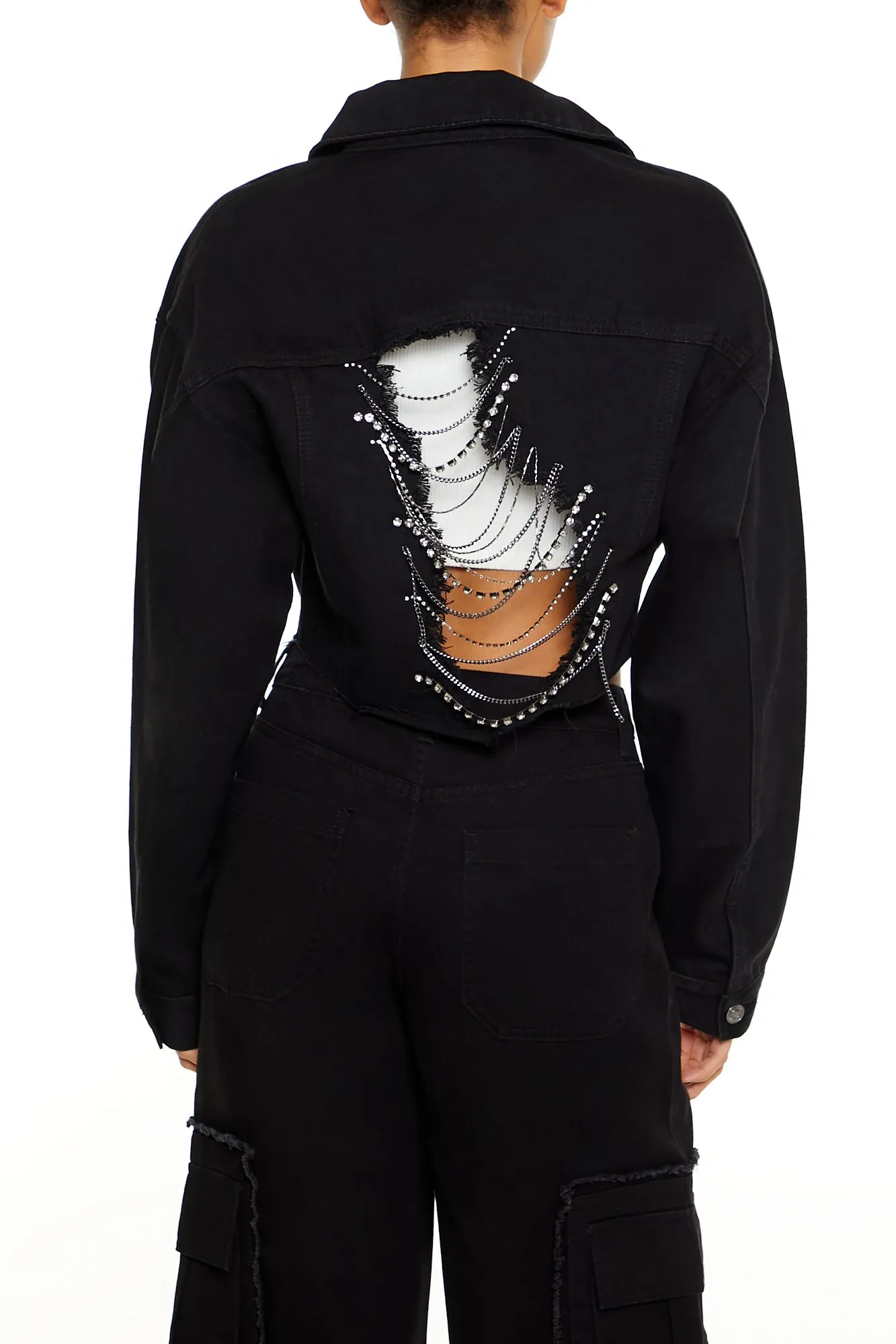 Blouson en denim court avec chaîne et pierres du Rhin sold by Urban Planet product image thumbnail 2