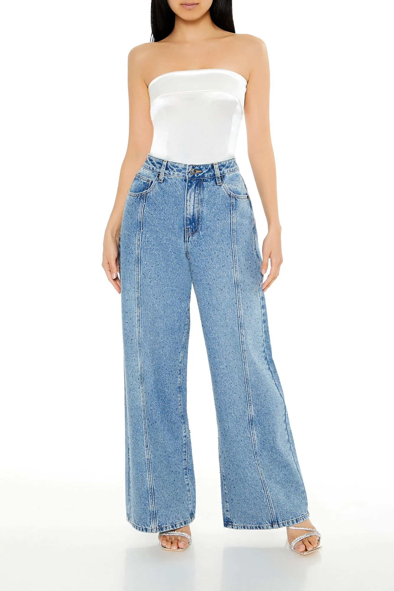 Rhinestone High Rise Wide Leg Jean sold by Urban Planet
