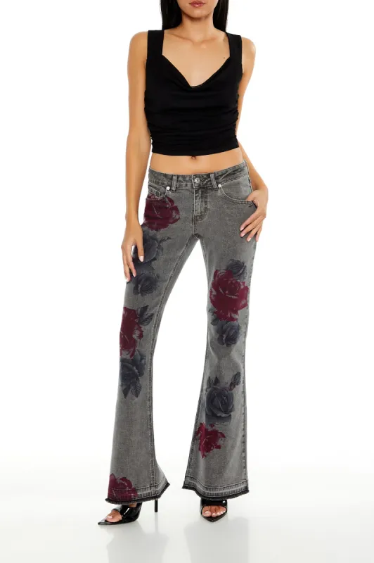 Jean à jambe évasée à taille basse avec imprimé Rose sold by Urban Planet