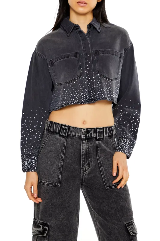 Denim Rhinestone Cropped Button-Up Top sold by Urban Planet
