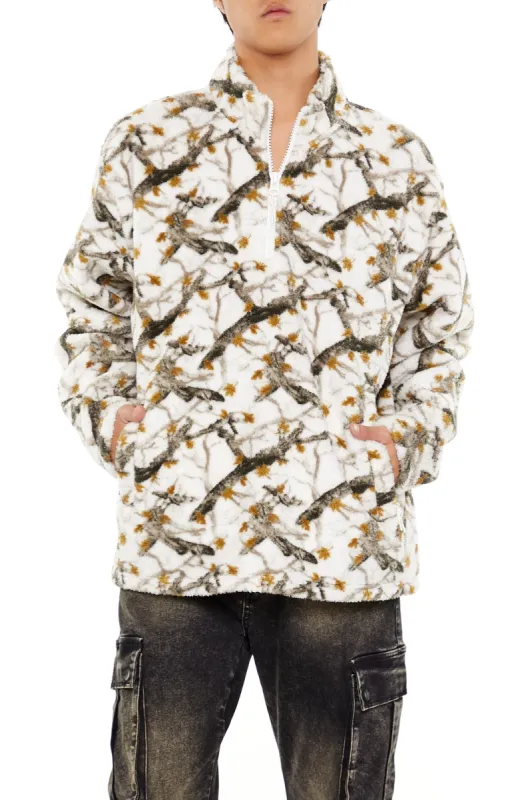 Woodland Print Fuzzy Knit Quarter Zip Jacket sold by Urban Planet