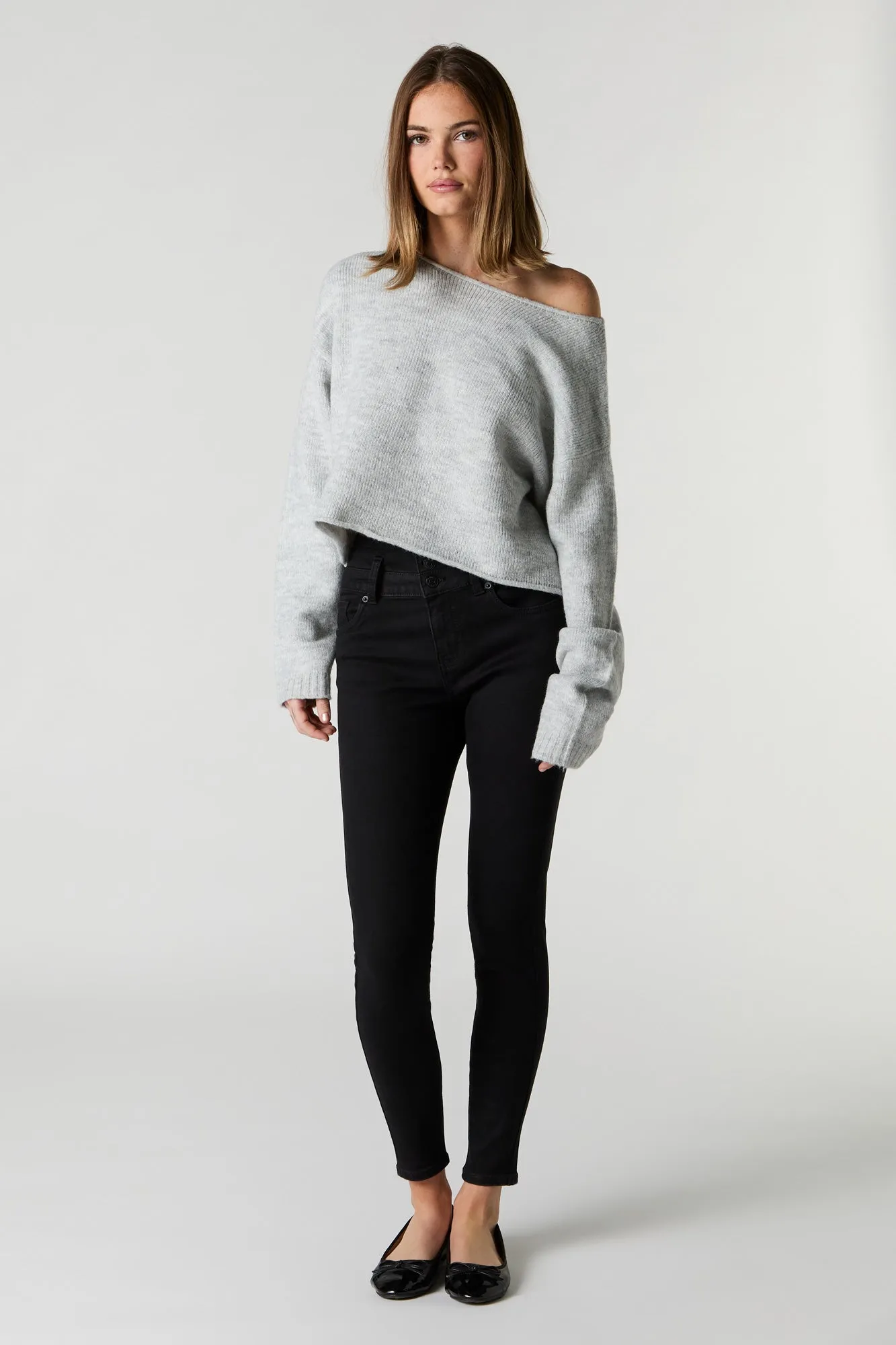 Jean ajusté extensible à taille empilée délavé noir sold by Urban Planet