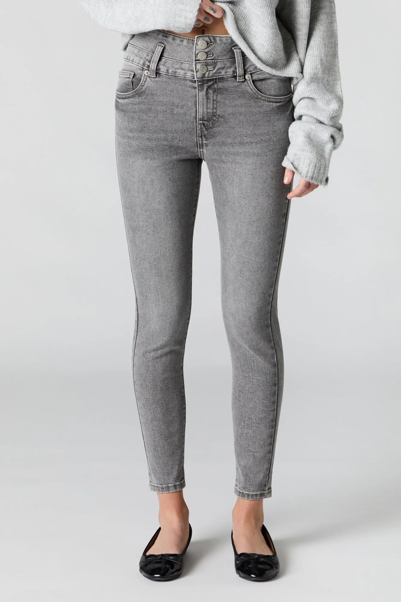 Jean ajusté extensible à taille empilée délavé gris sold by Urban Planet product image thumbnail 2