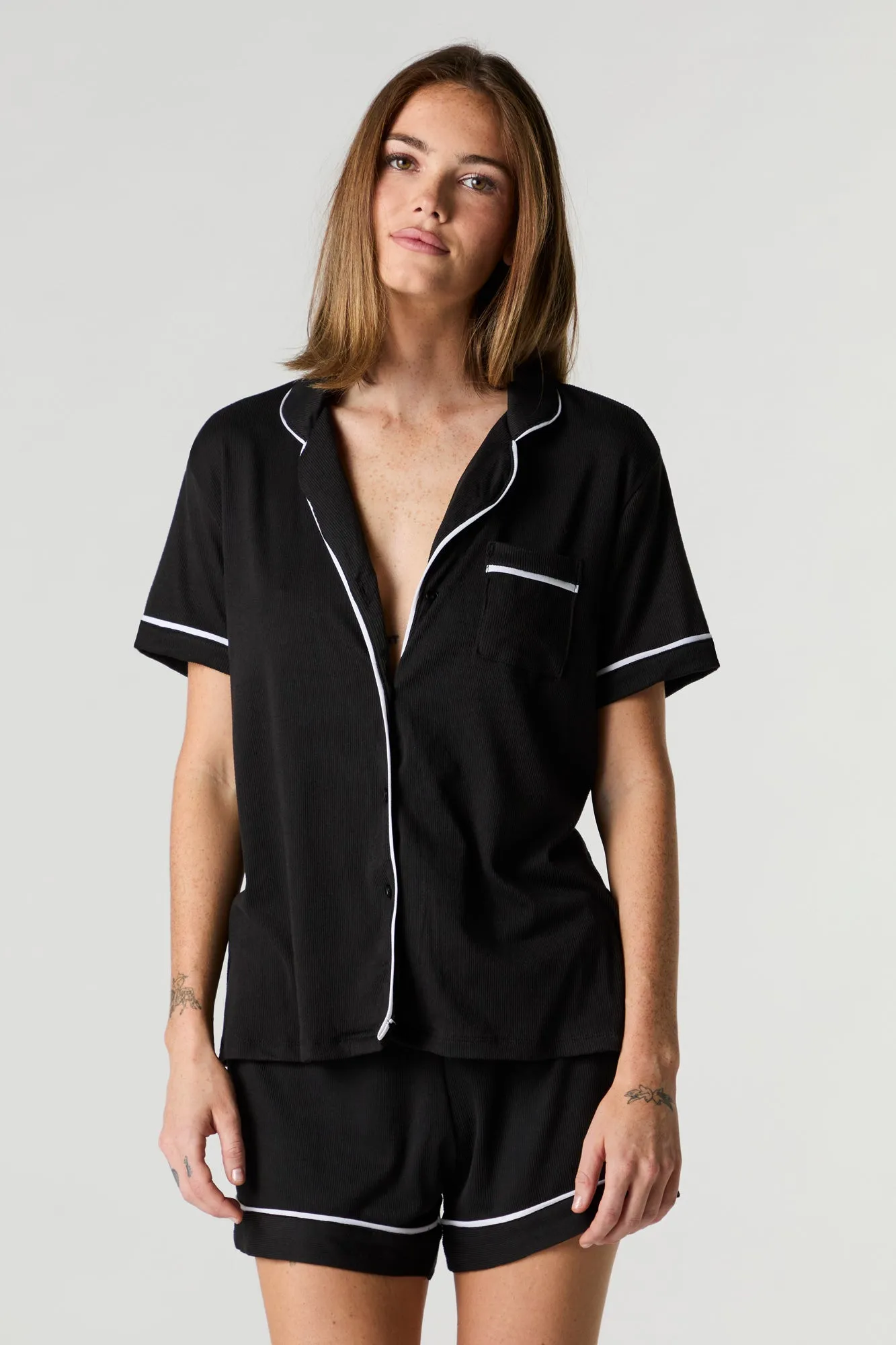 Ribbed Contrast Trim Top & Short 2 Piece Pajama Set sold by Urban Planet product image thumbnail 4