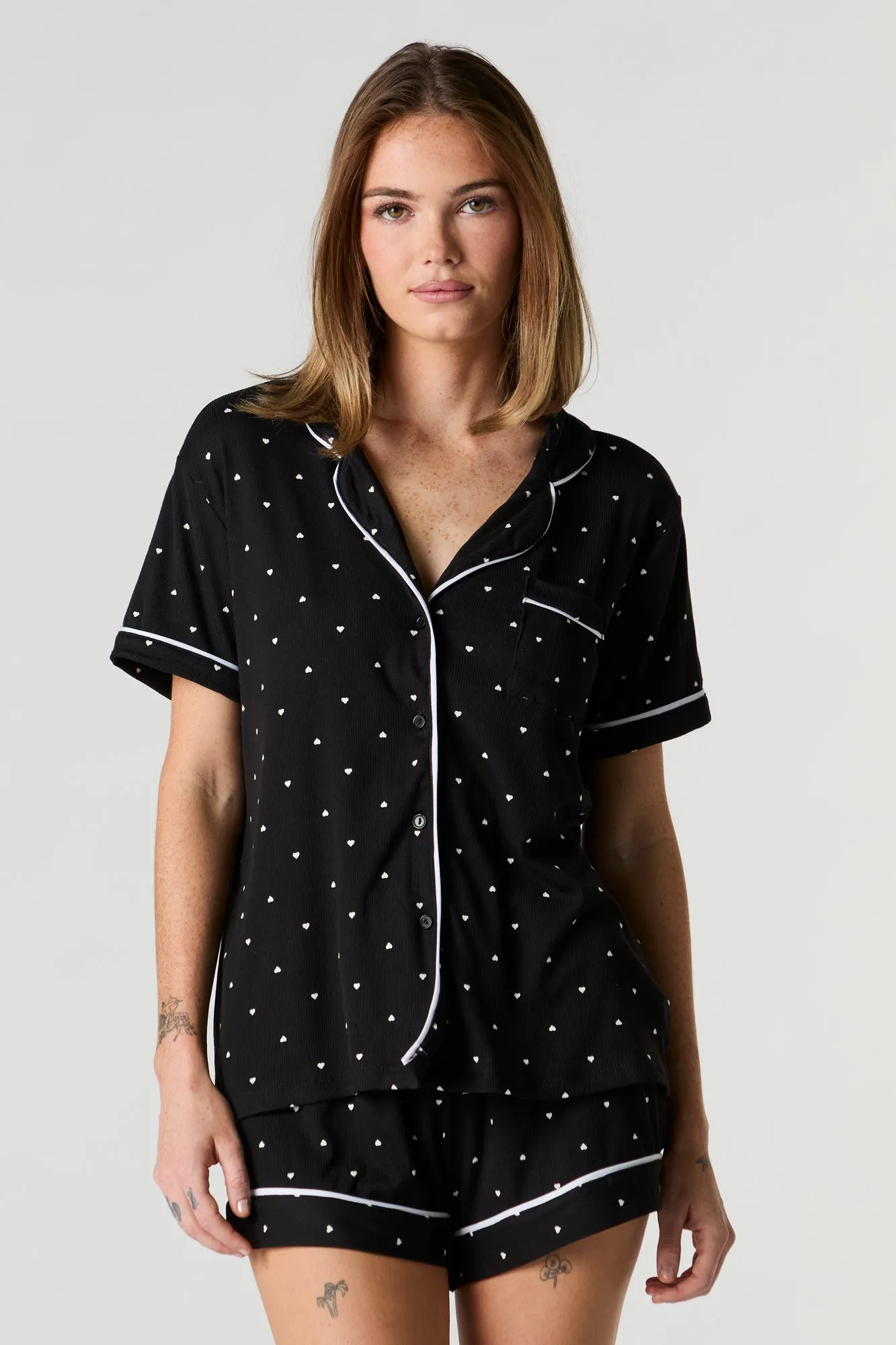 Ribbed Contrast Trim Top & Short 2 Piece Pajama Set sold by Urban Planet