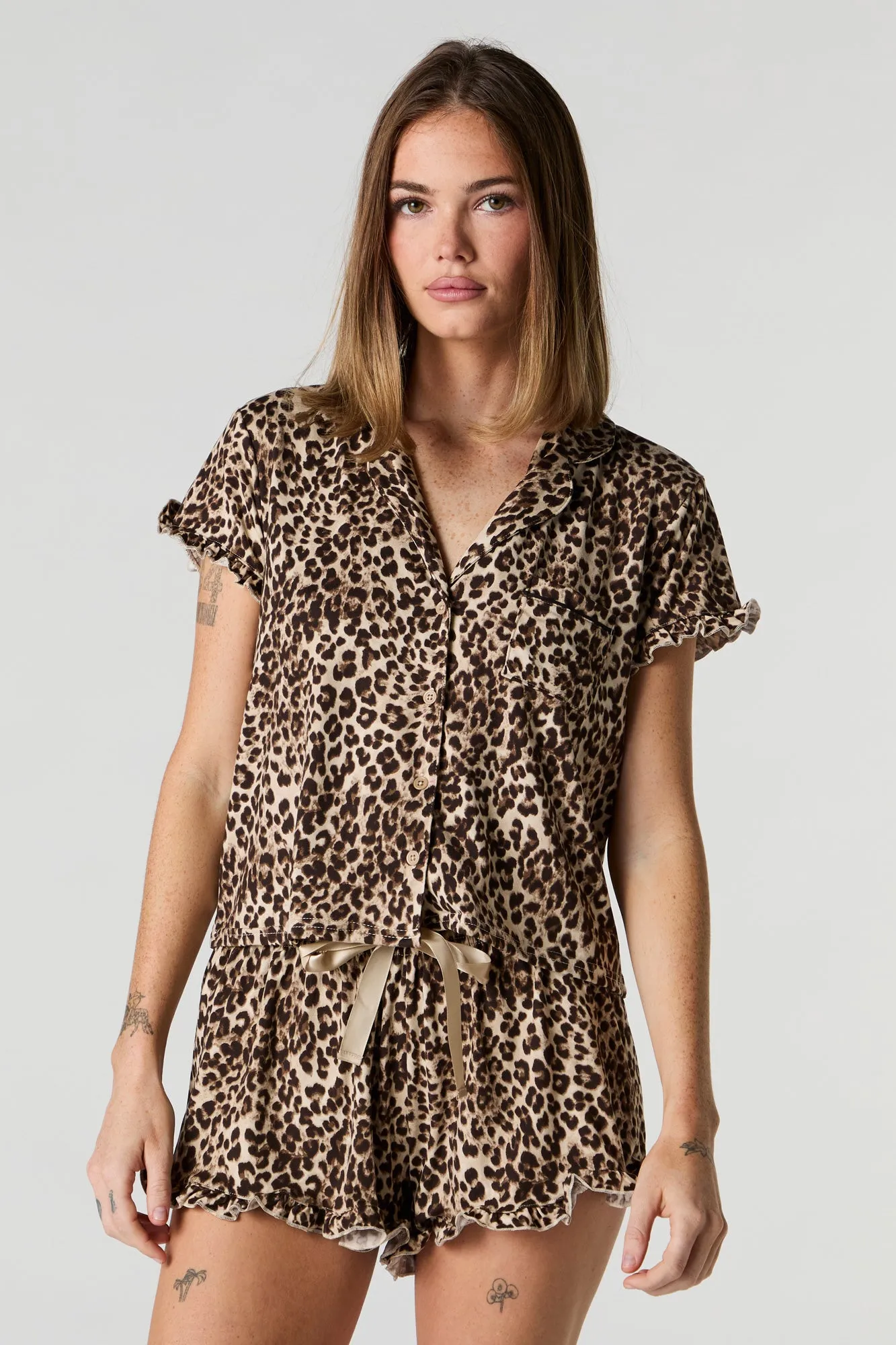 Ruffle Button-Up Top & Short 2 Piece Pajama Set sold by Urban Planet