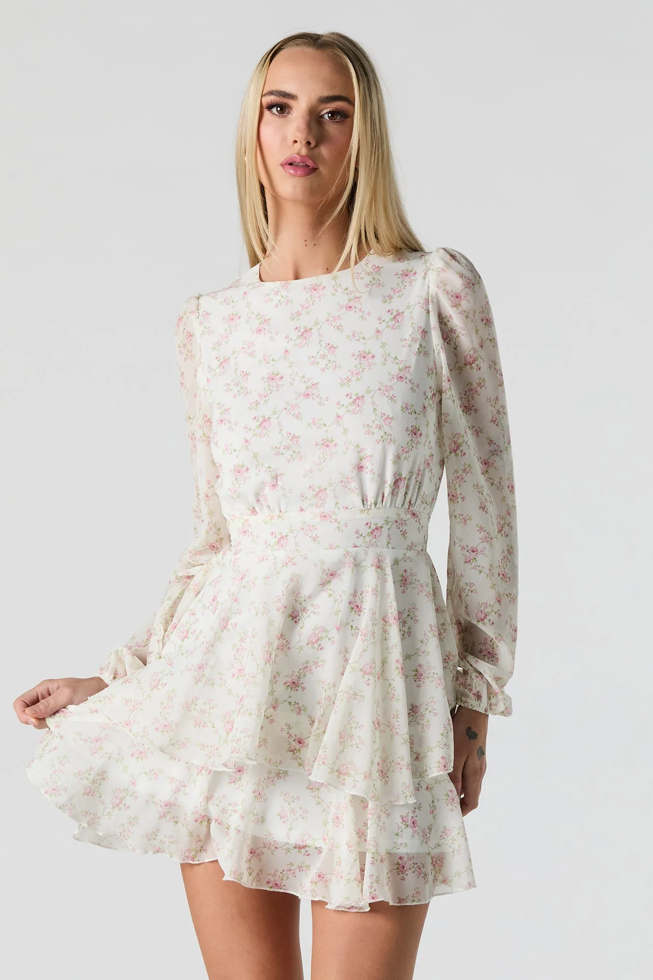 Floral Longsleeve Flowy Chiffon Mini Dress sold by Urban Planet product image thumbnail 2