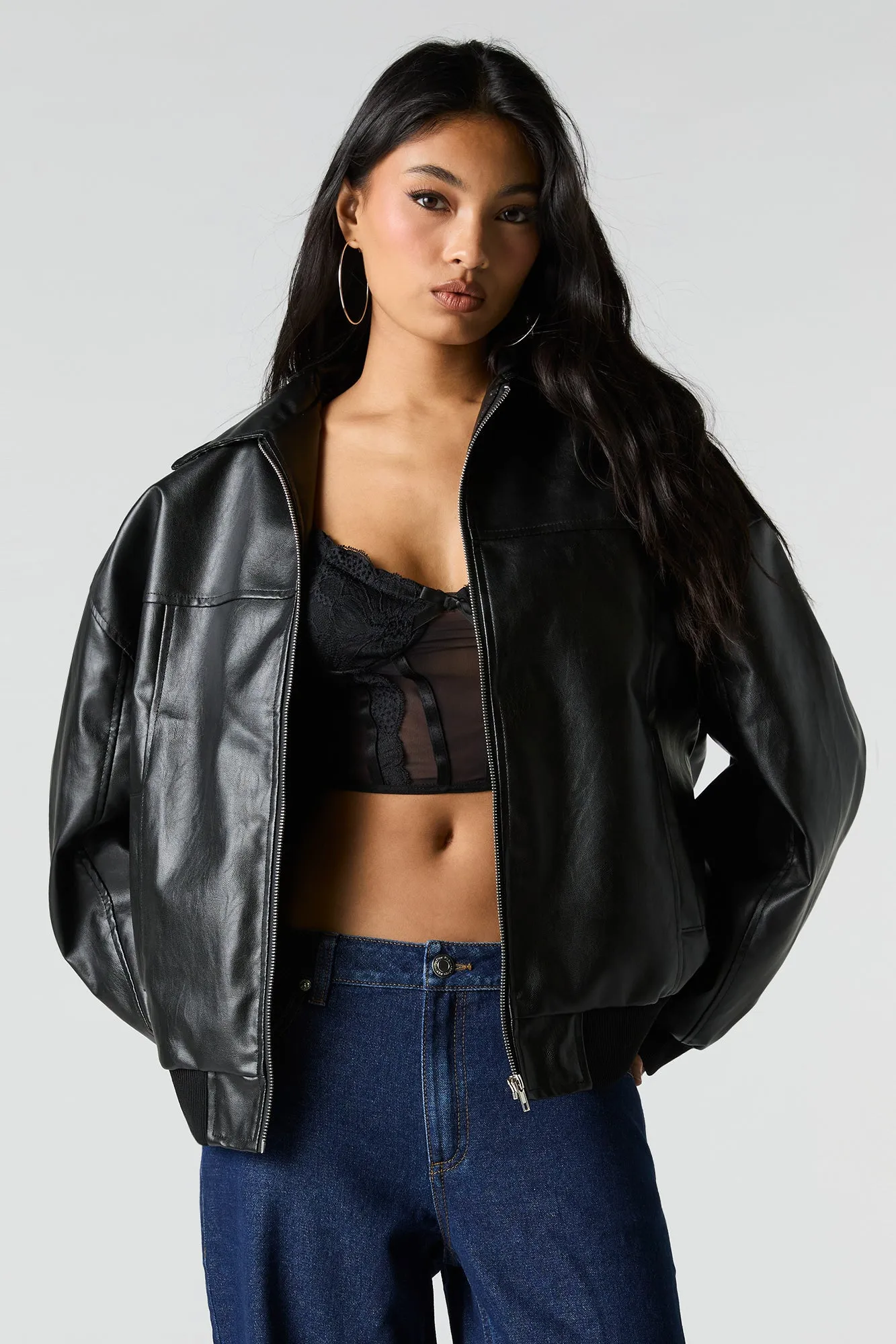 Faux Leather Oversized Zip-Up Bomber Jacket sold by Urban Planet product image thumbnail 4