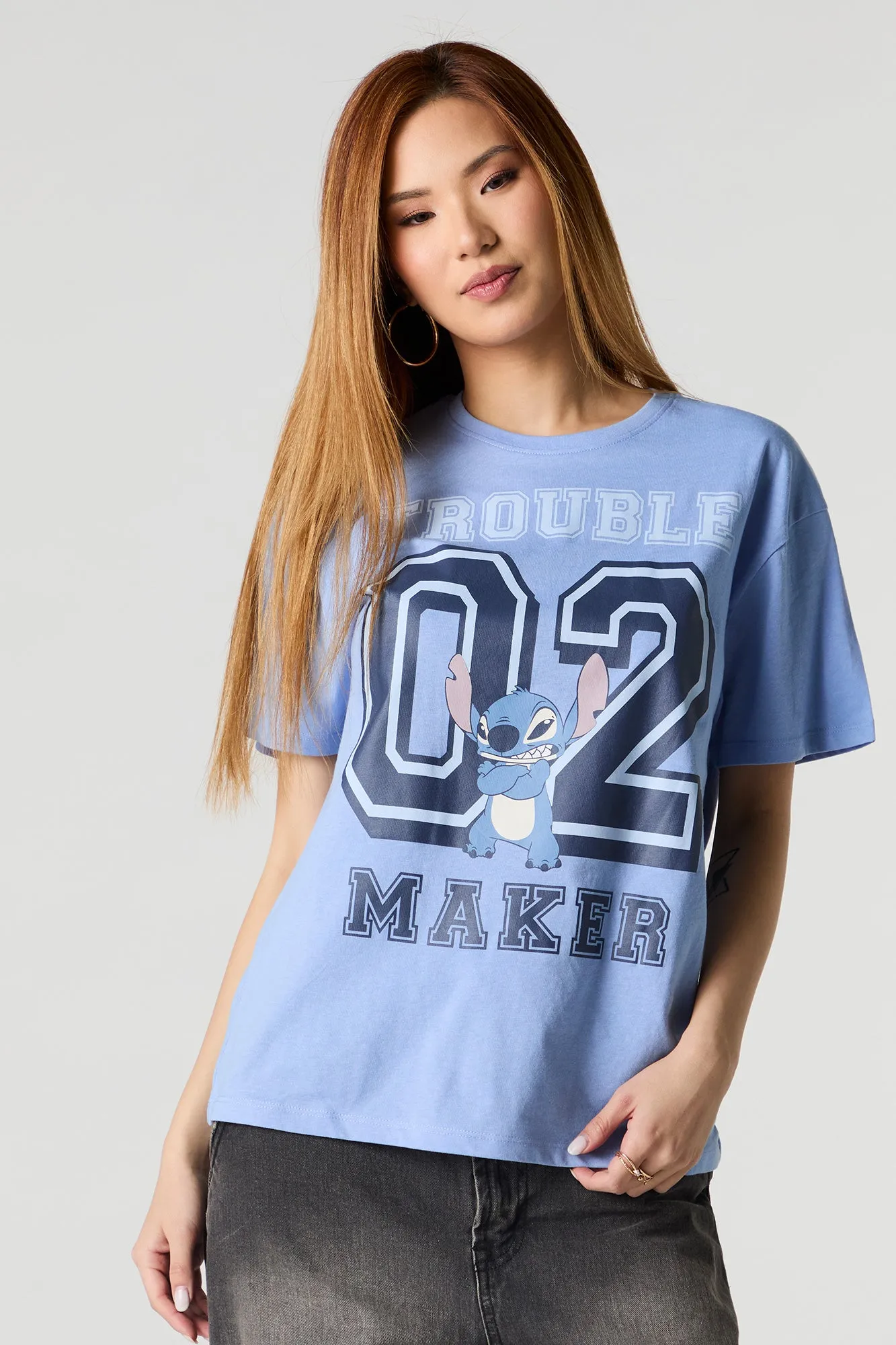 Stitch Trouble Maker Graphic Boyfriend T-Shirt sold by Urban Planet