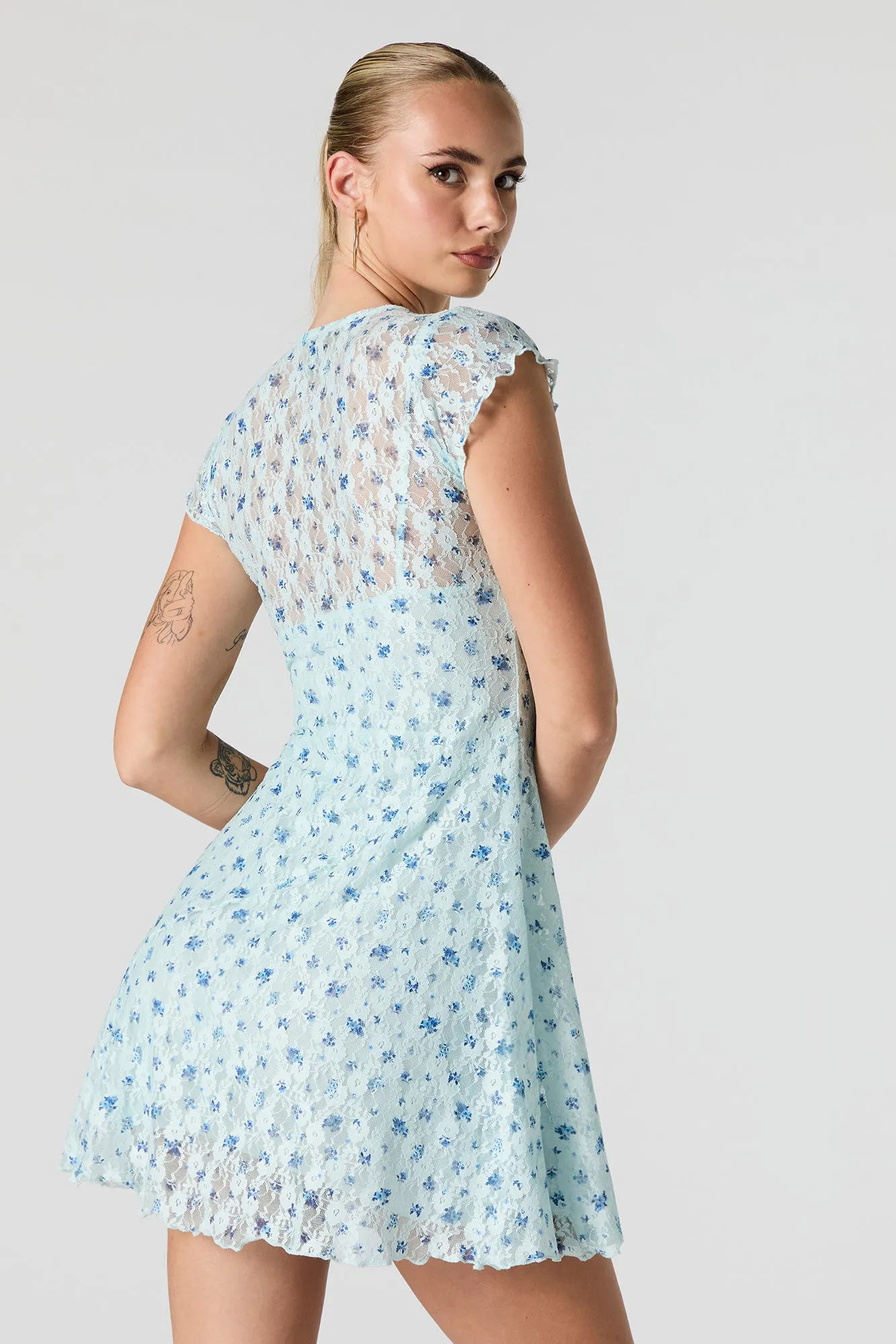Floral Lace Flutter Sleeve Mini Dress sold by Urban Planet product image thumbnail 5