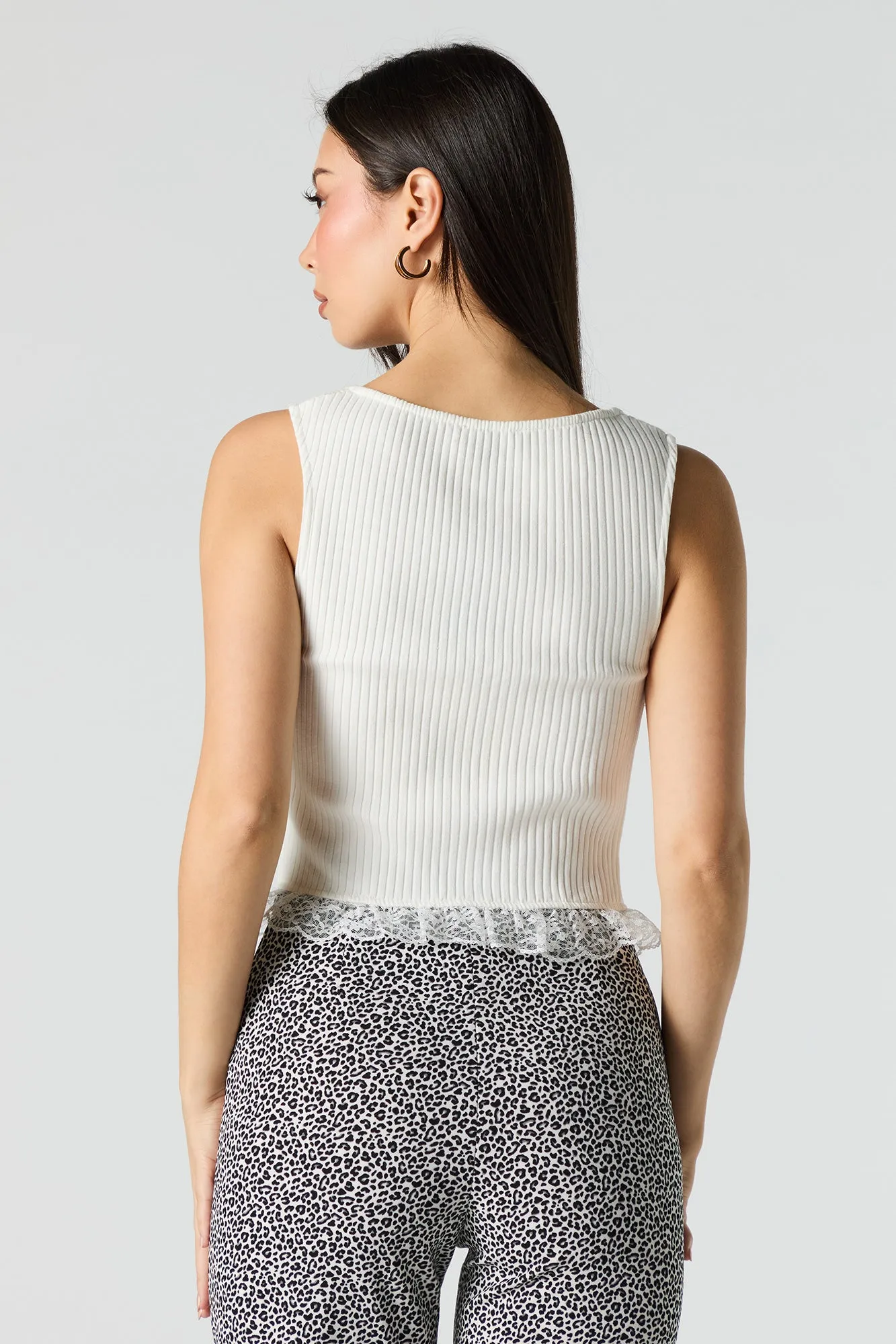 Ribbed Knit Lace Trim Tie Front Tank sold by Urban Planet product image thumbnail 2