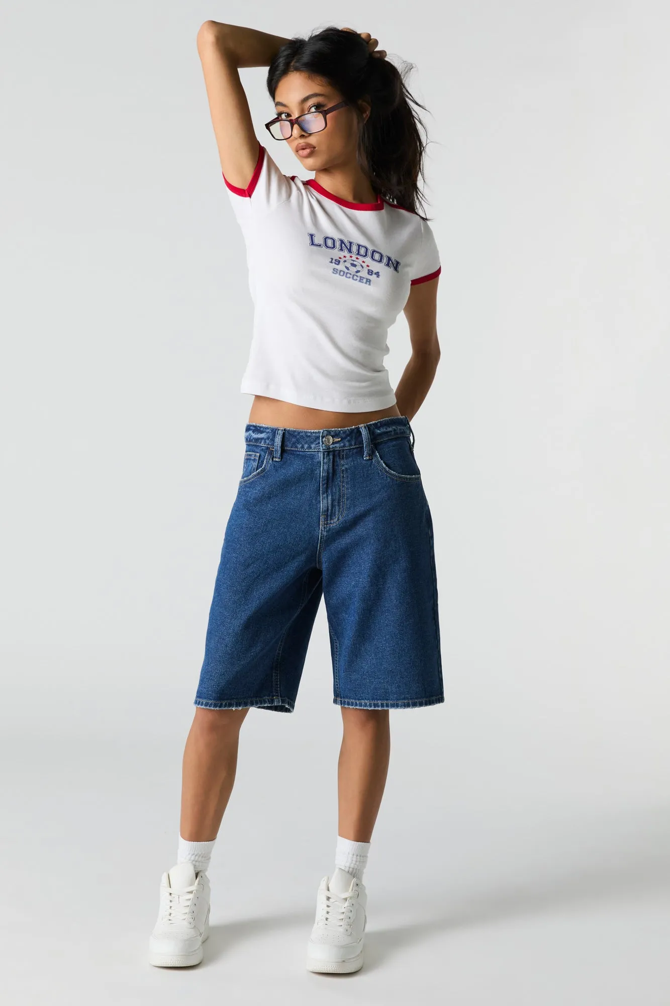 Dark Wash Denim Jort sold by Urban Planet