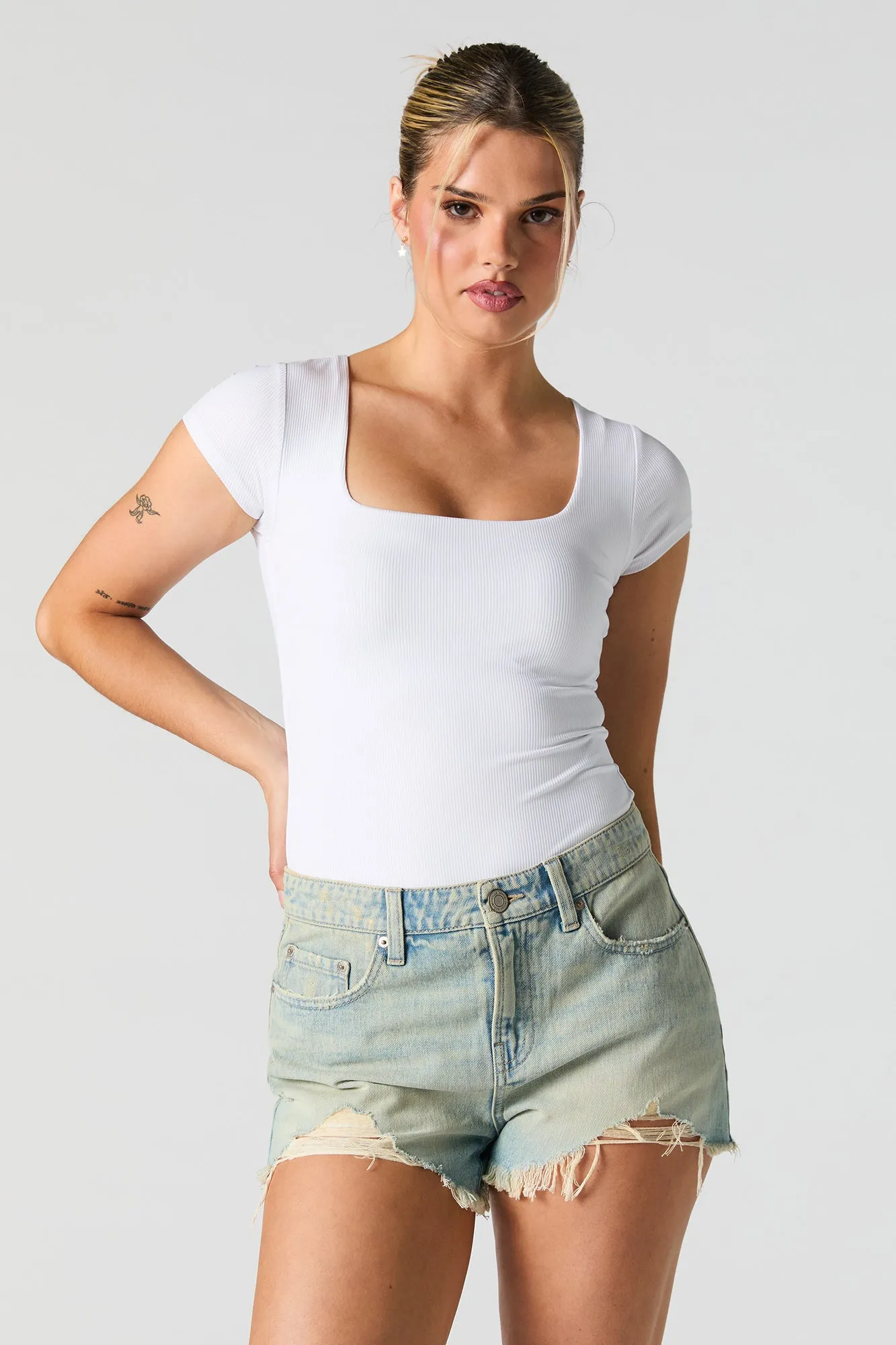 Vintage Light Wash Distressed Rigid Denim Short sold by Urban Planet