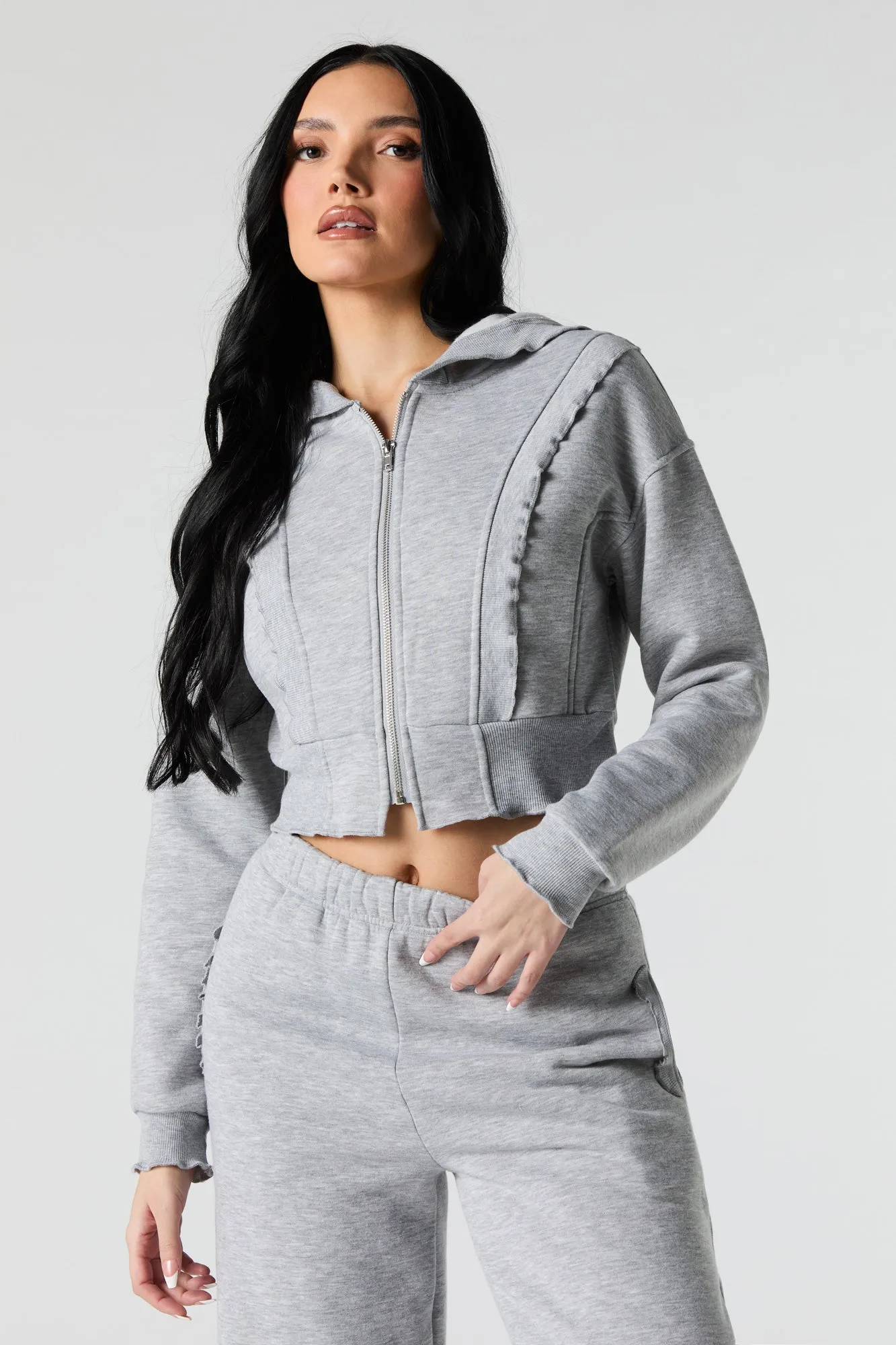 Fleece Ruffle Trim Zip-Up Hoodie sold by Urban Planet product image thumbnail 5