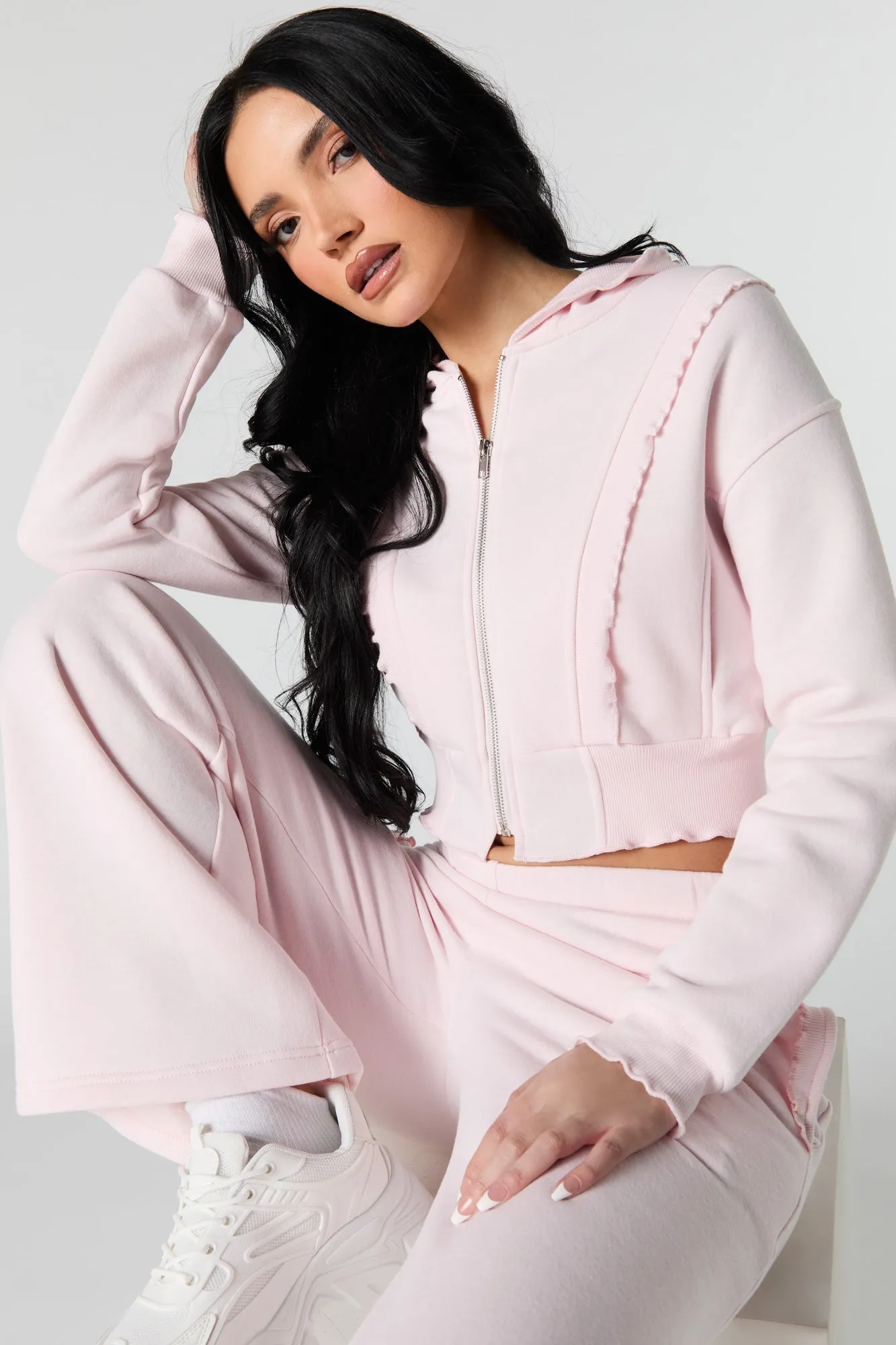 Fleece Ruffle Trim Zip-Up Hoodie sold by Urban Planet